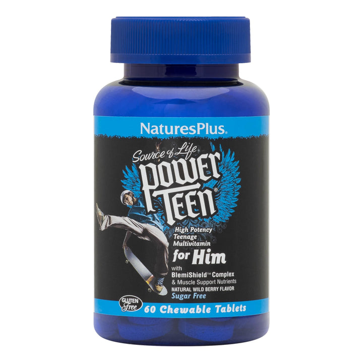 Natures Plus Source of Life Power Teen for Him, Wild Berry - 60 Chewable Tablets, Pack of 2 - High Potency Teenage Multivitamin - Gluten Free, Sugar Free - 60 Total Servings