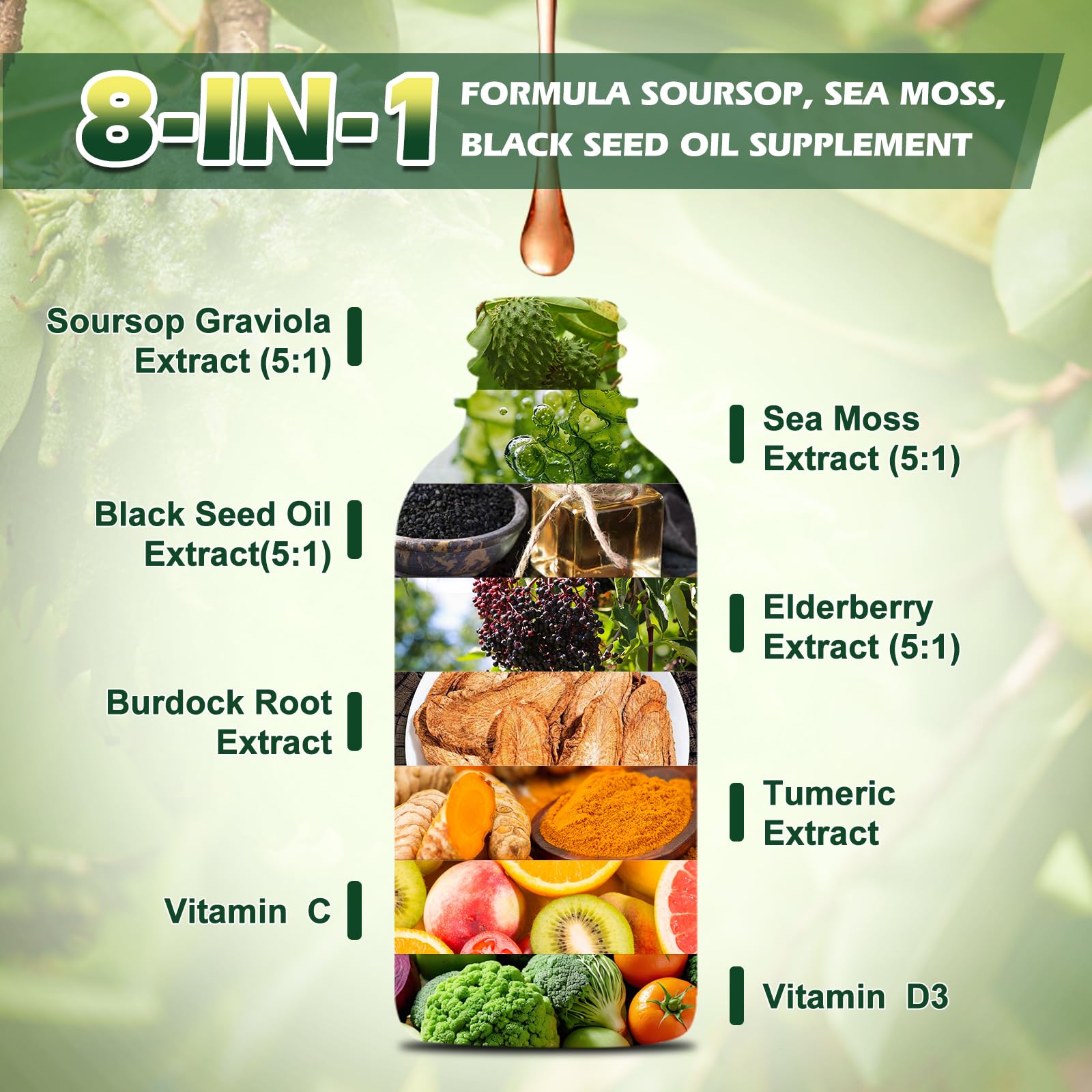 Soursop Bitters Liquid Drops, Soursop Graviola Multivitamin Drops with Sea Moss Black Seed Oil Supplement - Soursop Fruit Supports Antioxidant, Slowing Cell-Aging, Gut Cleanse, Detox & Immunity