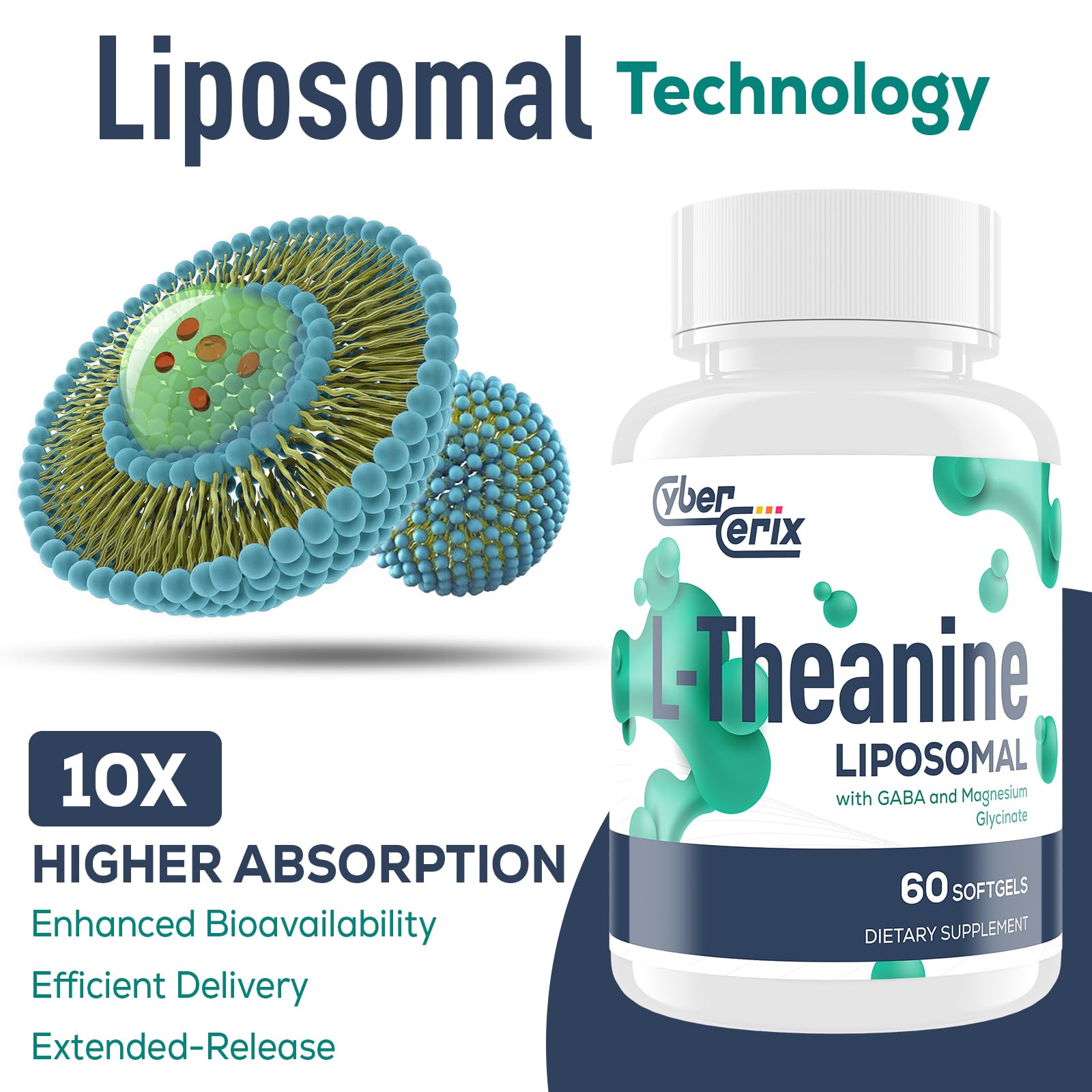 Liposomal L-Theanine 500mg, Complex with GABA 200mg & Magnesium 100mg, Extra Strength Supplement for Calm, Relaxation & Focus, Non-GMO & Gluten Free - 60 Capsules