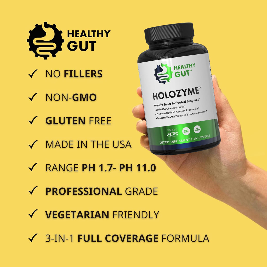 Healthy Gut HoloZyme | Digestive Enzymes | Enjoy Your Favorite Foods Again w/Protease, Amylase, Lipase, Lactase, and More | 15 Servings (Sample Bottle)