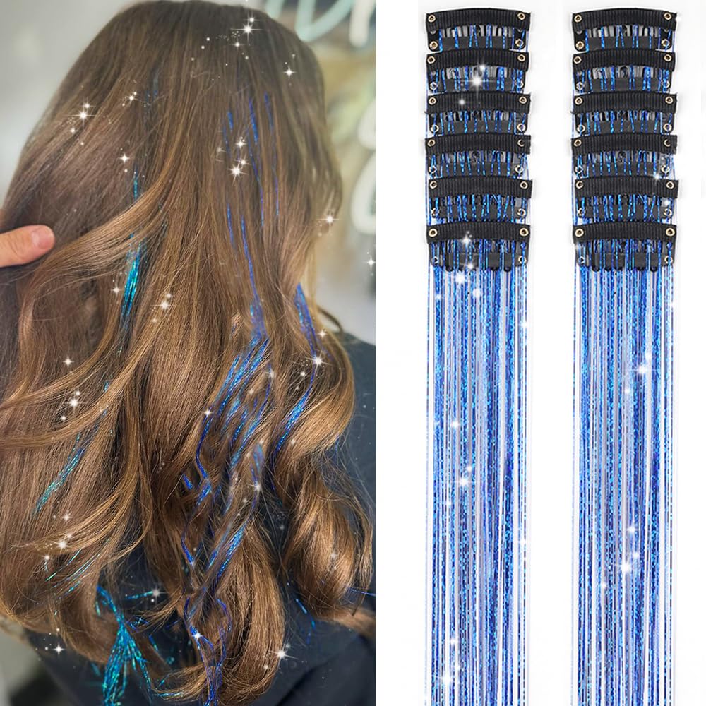 Hair Tinsel Pack of 12 Pcs Clip in Hair Tinsel 20 Inch Glitter Blue Tinsel Hair Extensions, Festival Tinsel Fairy Hair Party Dazzle Hair Accessories Strands Kit(12Pcs,Sapphire blue#)