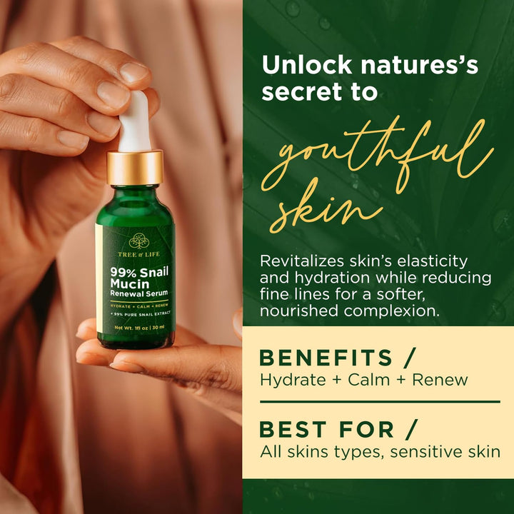 Tree of Life Beauty 99% Snail Mucin Serum - Hydrating Serum for Face with Aloe Vera and Cucumber - Snail Serum Pore Minimizer for Face - Highly Concentrated Skin Care Face Serum for Women 1 Fl Oz