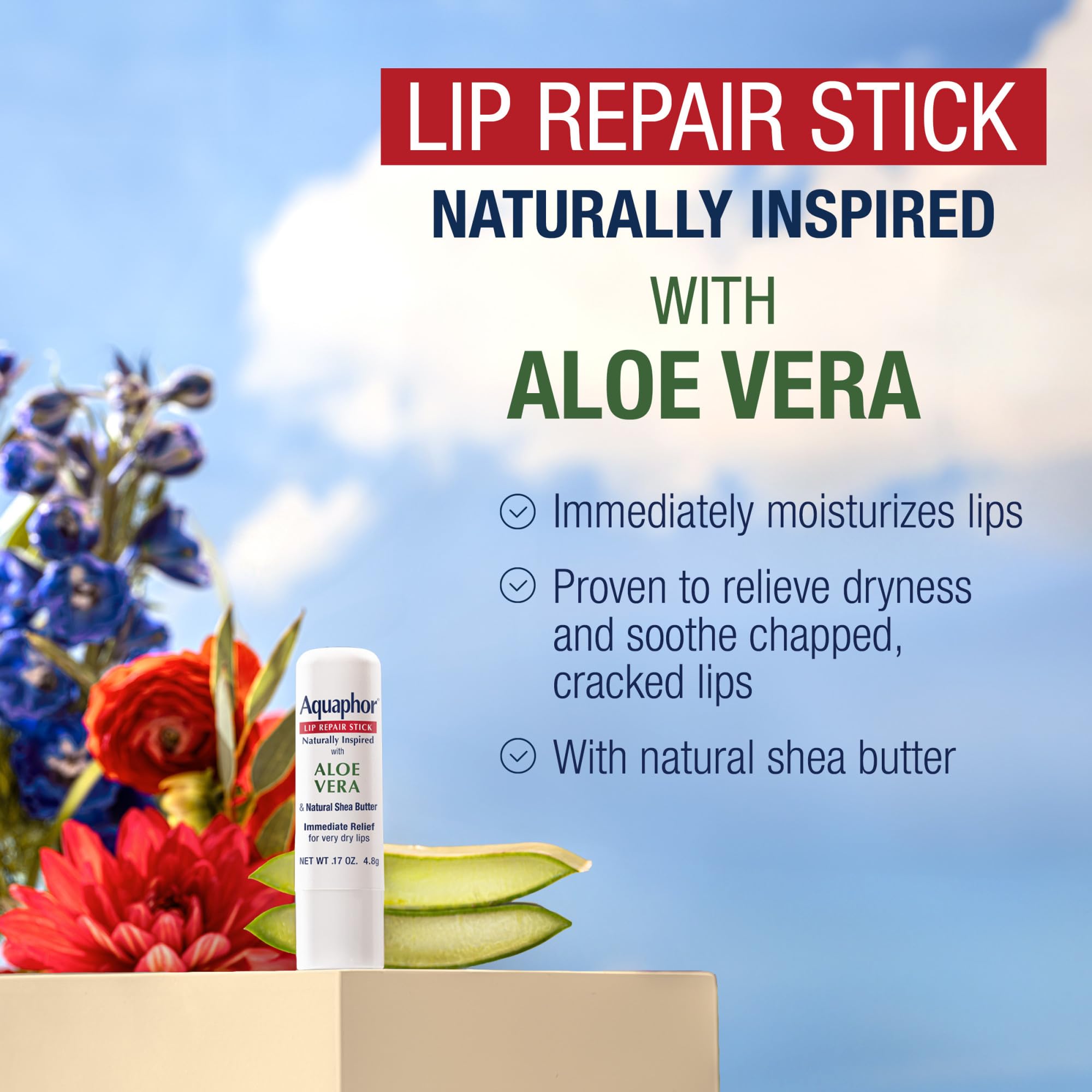 Aquaphor Naturally Inspired Lip Repair Stick with Aloe Vera and Natural Shea Butter, Hydrating Lip Balm Immediately Relieves Dryness, 0.17 Oz Stick