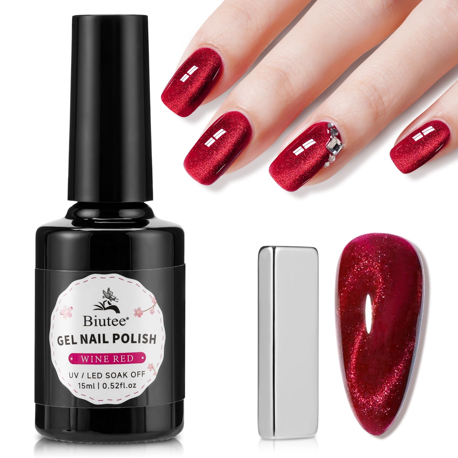 SEISSO Wine Red Cat Eye Gel Nail Polish Set – 15ml Magnetic Burgundy Nail Polish with Magnet Stick, Deep Reflective Soak Off UV Gel, Shimmer Gloss Nail Art Kit for Salon & DIY
