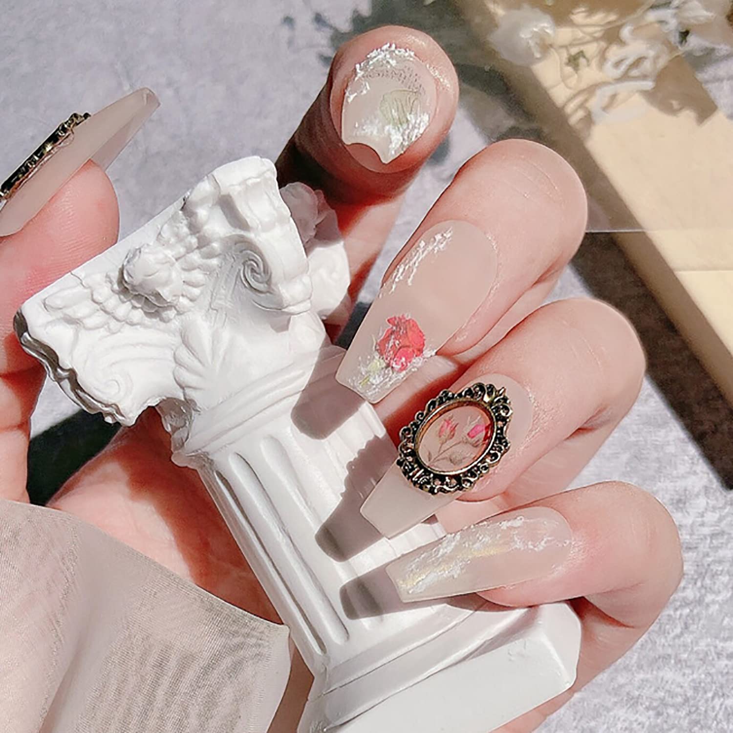 SILPECWEE 60pcs Retro Nail Charms Metal Punk Nail Jewels Engraved Nail Frame Charms for Nails 3D Nail Art Charms Flat-Back Nail Studs Nail Art Decoration for DIY Craft