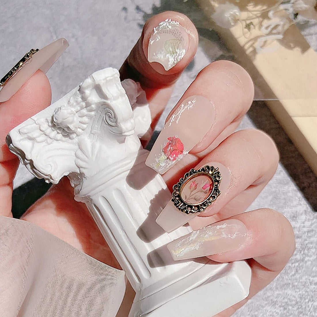 SILPECWEE 60pcs Retro Nail Charms Metal Punk Nail Jewels Engraved Nail Frame Charms for Nails 3D Nail Art Charms Flat-Back Nail Studs Nail Art Decoration for DIY Craft