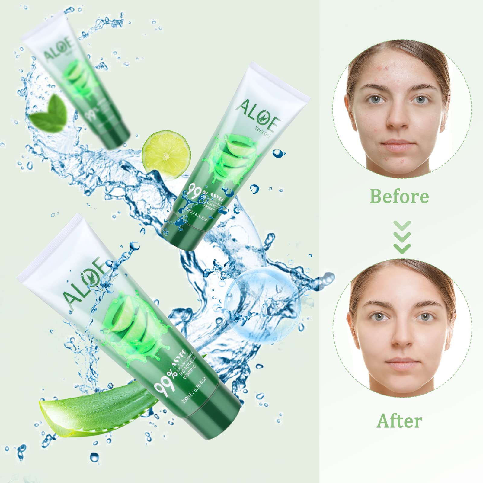 ASYBO 200x2 ML Aloe Vera Gel – 99% Organic Pure Aloe Vera Hydrating Face & Body Moisturizer, Natural Aloe Cream for Dry Skin, Sunburn, Acne, Soothing & Moisturizing