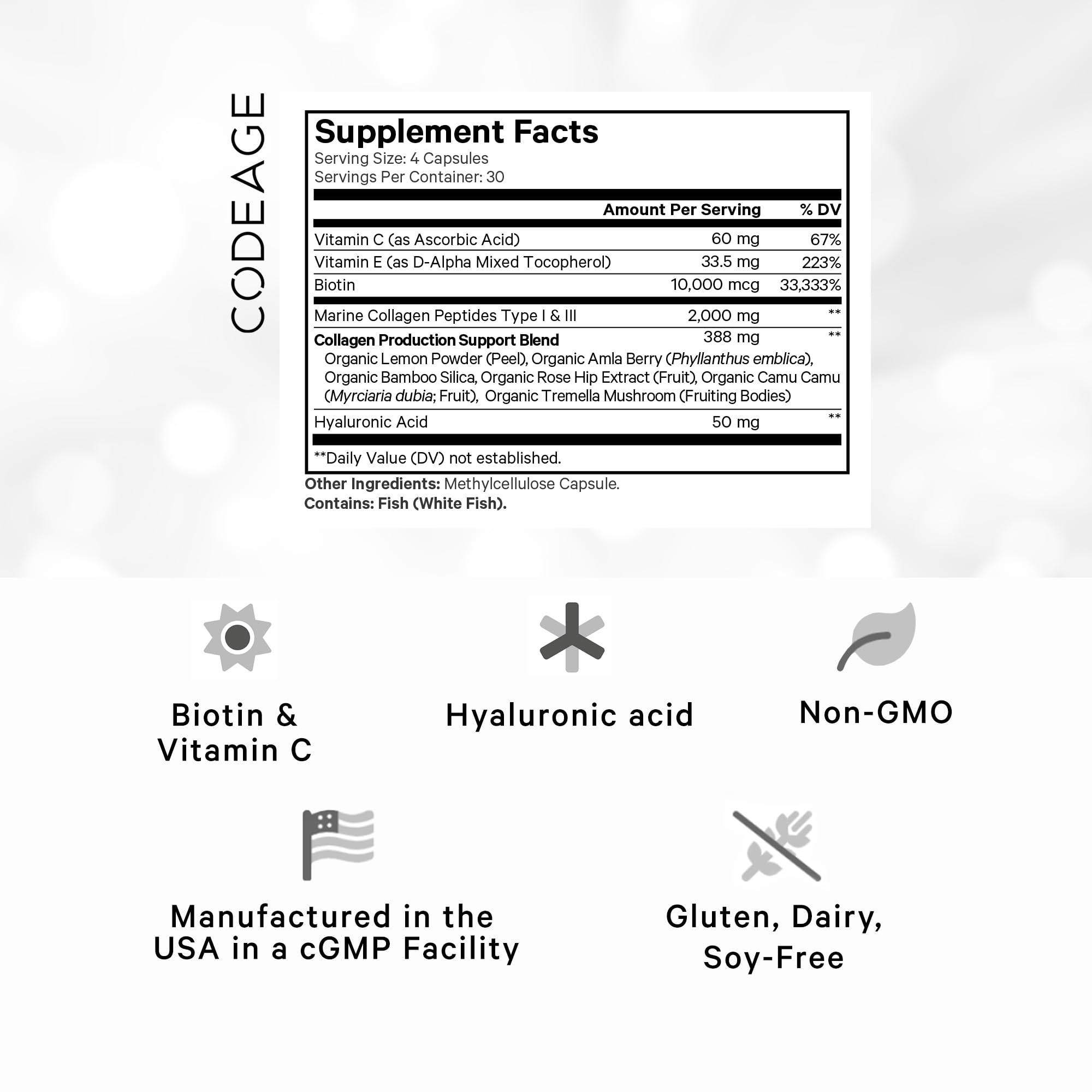 Codeage Biotin Marine Collagen Peptides - Wild-Caught Marine Collagen Types I & III, 10,000 mcg Biotin, Vitamins C & E, Hyaluronic Acid, Amino Acids, Fruit and Herb Blend, Non-GMO - 120 Capsules