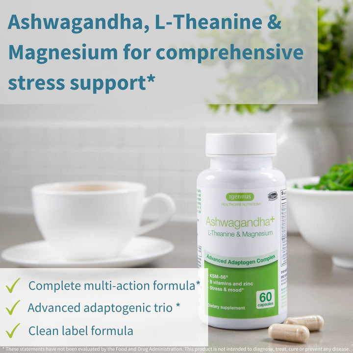 Igennus Advanced Ashwagandha KSM-66, L-Theanine & Magnesium, Clean Label, Multi Action Adaptogen Complex for Stress Support with Zinc & B Vitamins, 60 Vegan Capsules