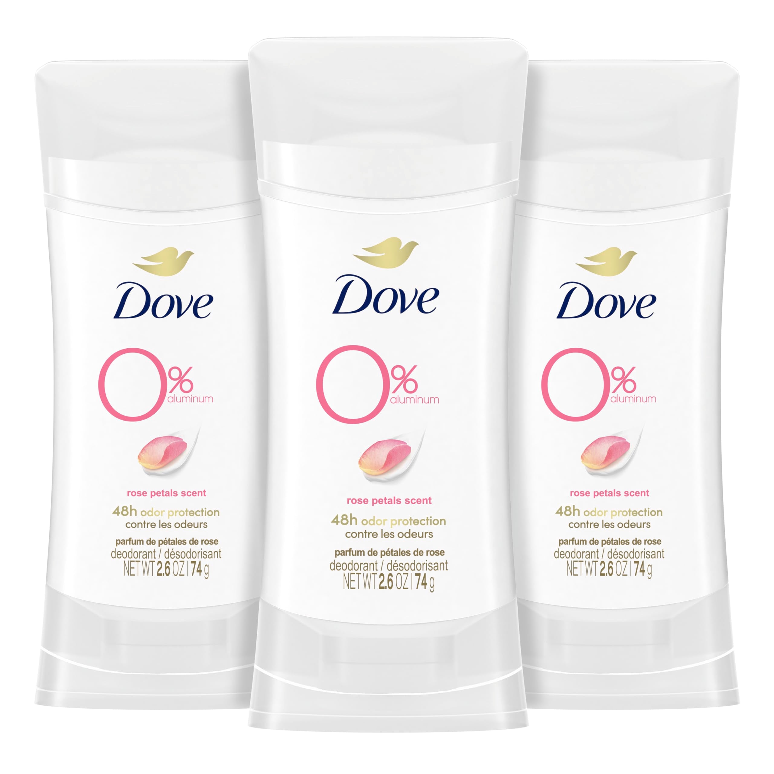 Dove 0% Aluminum Free Deodorant 24-hour Odor Protection Rose Petals Deodorant for Women 2.6 OZ, 3 Count