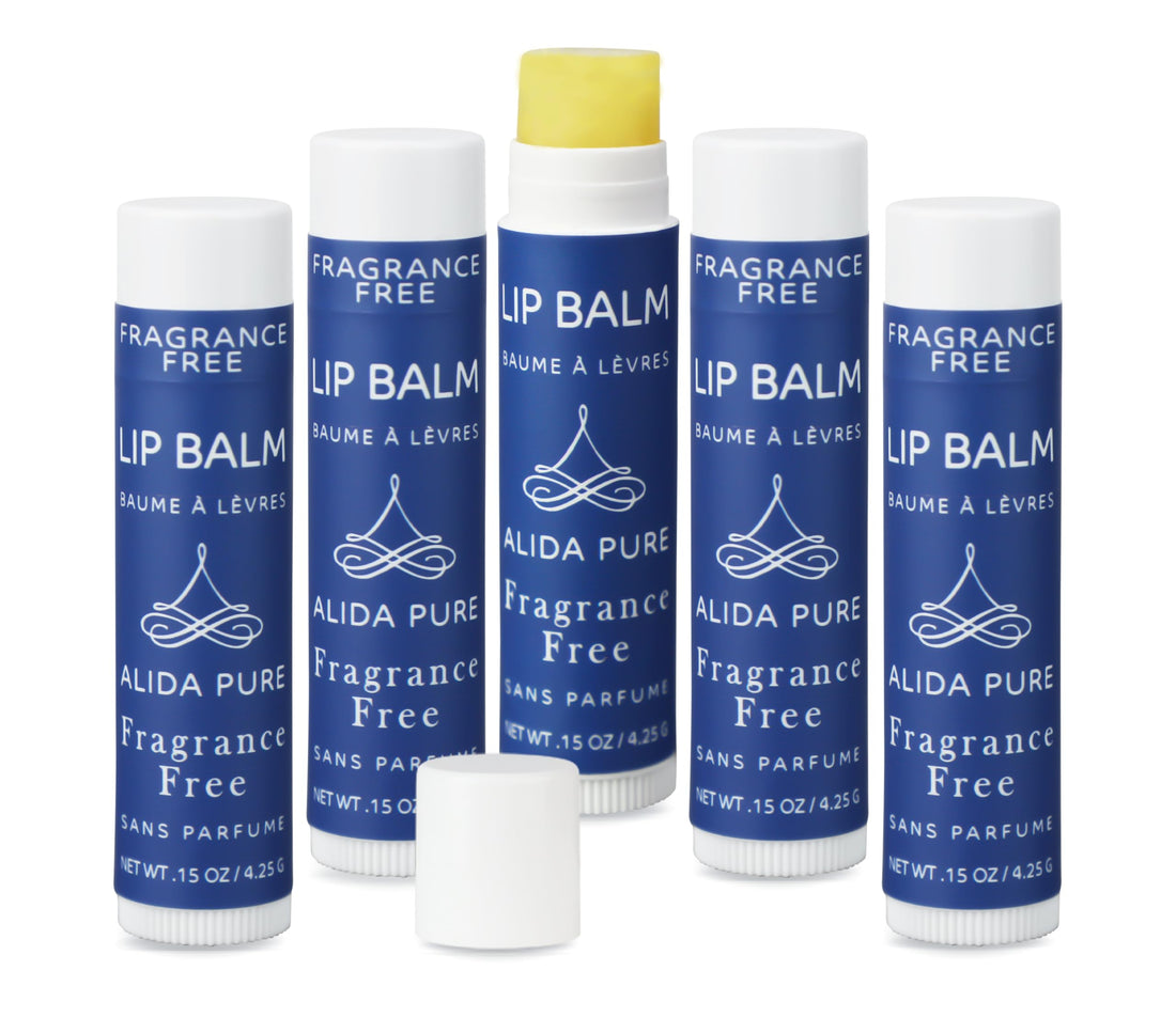 PURE + SIMPLE Fragrance Free Lip Balm Collection, Vegan, Unscented, Set of 5 Tubes, Avocado Butter, Jojoba Oil, Vitamin E Complex Healing Treatment