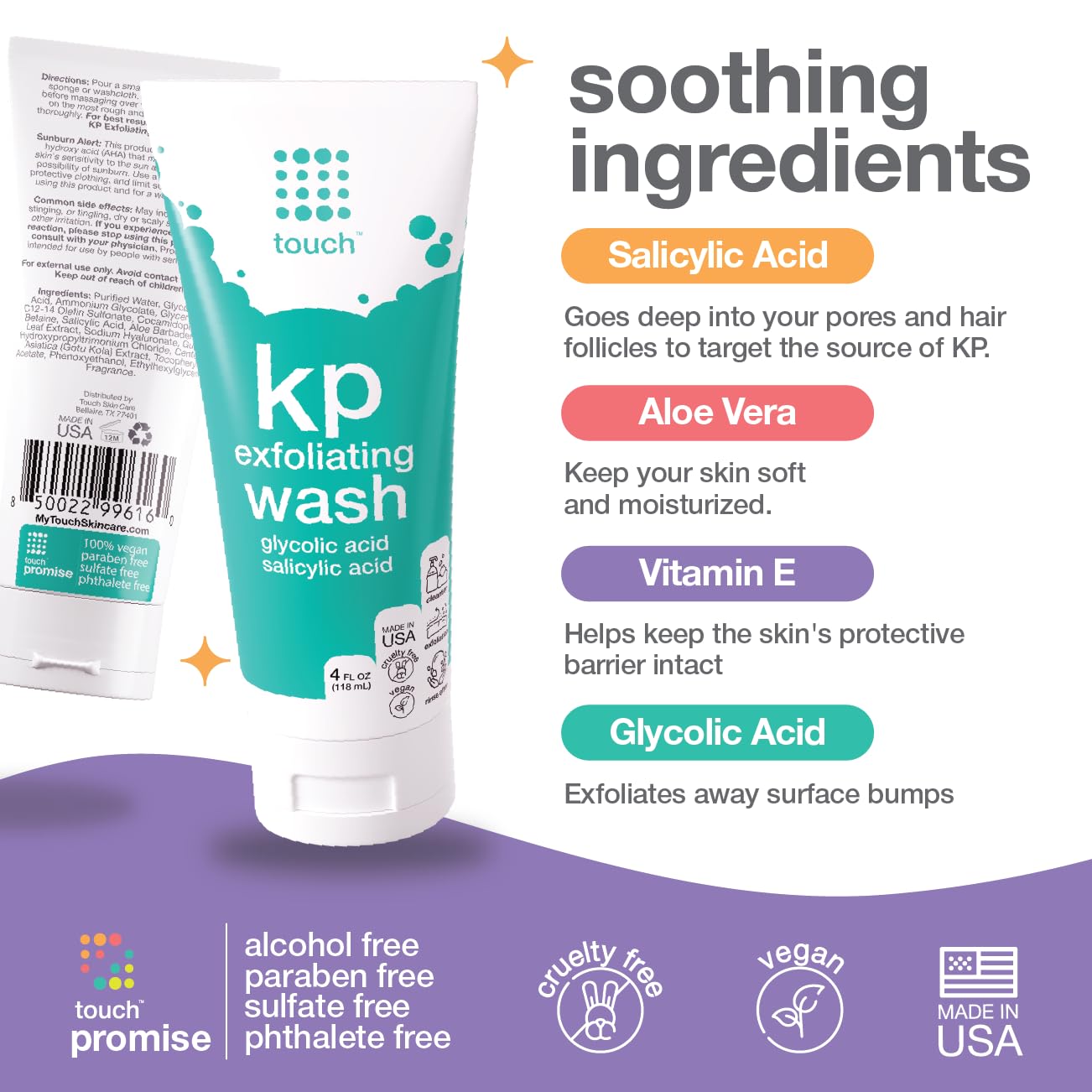 TOUCH Keratosis Pilaris Exfoliating Body Wash Cleanser - KP Body Wash with 15% Glycolic Acid, Aloe Vera, & Hyaluronic Acid - 4 Ounce