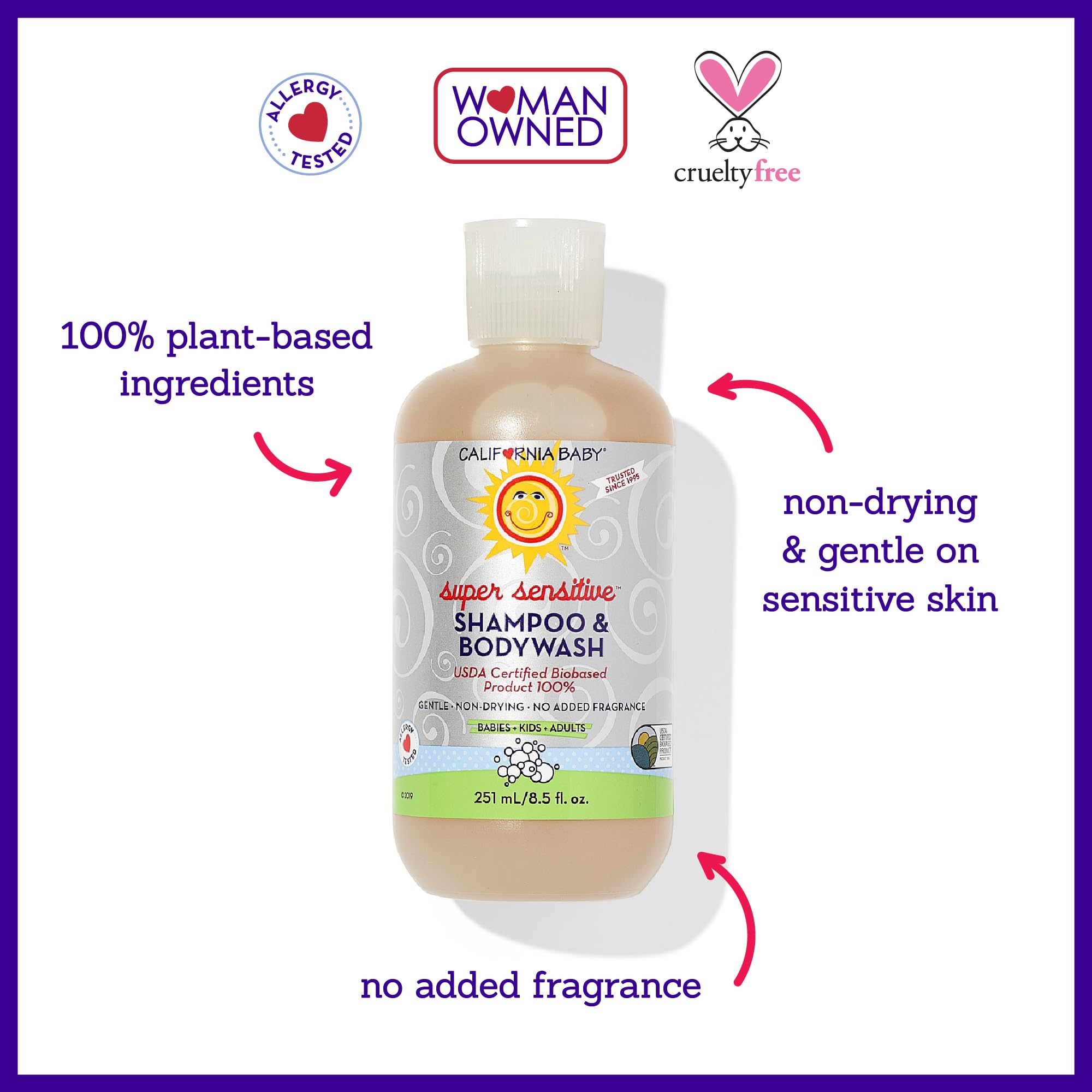 California Baby Super Sensitive Baby Shampoo and Body Wash | 100% Plant-Based | Gentle Fragrance Free Shampoo | Hypoallergenic | 251 mL / 8.5 oz