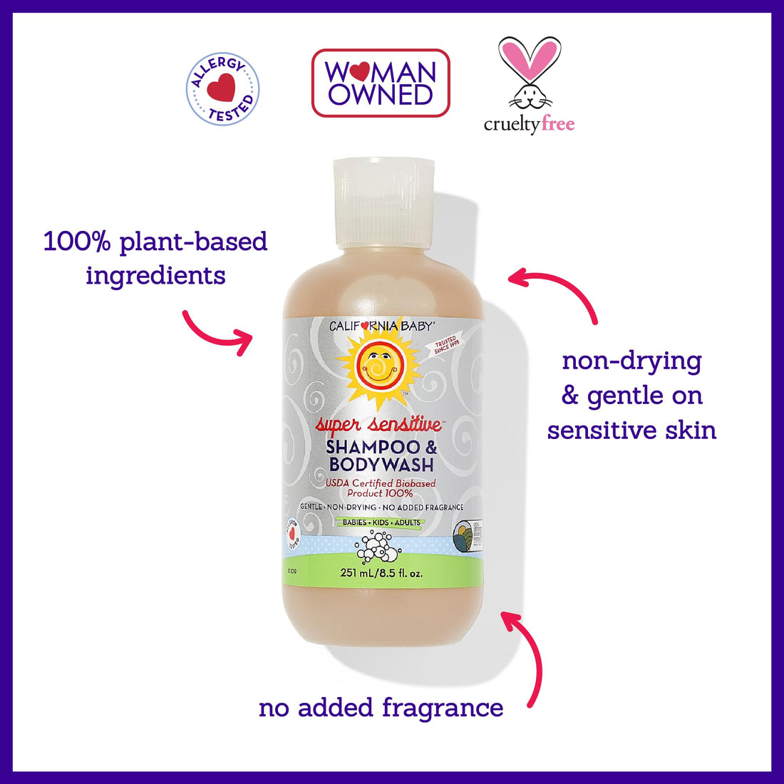 California Baby Super Sensitive Baby Shampoo and Body Wash | 100% Plant-Based | Gentle Fragrance Free Shampoo | Hypoallergenic | 251 mL / 8.5 oz
