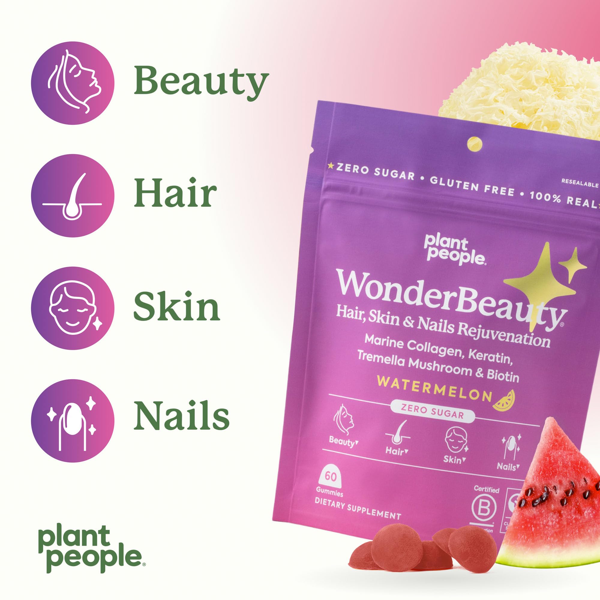 Plant People WonderBeauty Hair, Skin & Nails Rejuvenation Gummies with Tremella Mushroom, Marine Collagen Peptides, Keratin, & Biotin – Watermelon Flavor, 60 Gummies