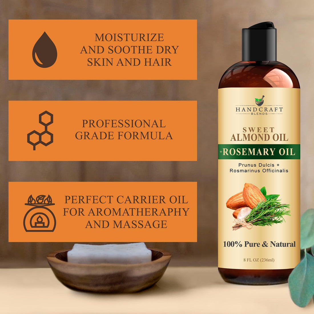 Handcraft Blends Sweet Almond Oil with Rosemary Oil - 8 Fl Oz - 100% Pure and Natural - Premium Grade Carrier Oil for Skin and Hair - Hair and Body - Massage