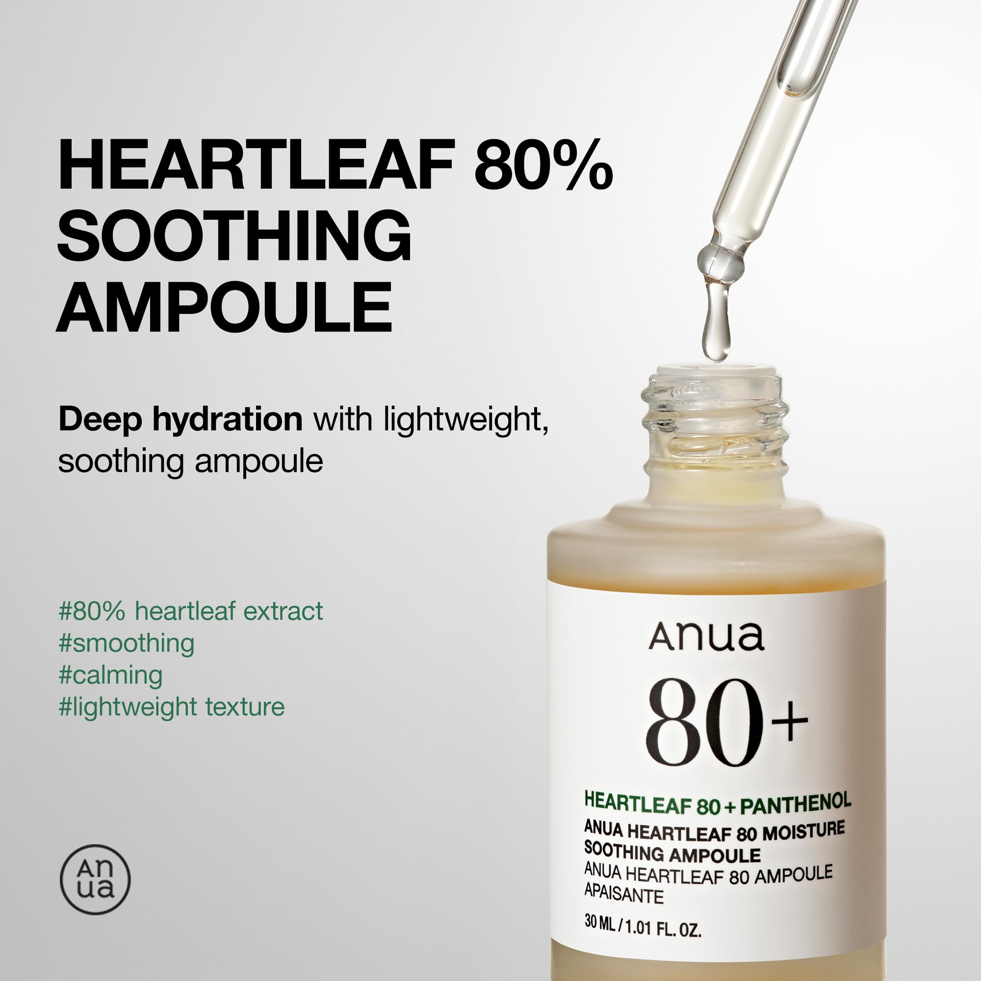 Anua Heartleaf 80 Soothing Ampoule, Hydration Facial Serum for Glass Skin, Panthenol, Hyaluronic Acid, Non-Greasy, Gentle Formula, Lightweight Essence, Vegan, Korean Skin Care, 30ml/1.01 fl.oz