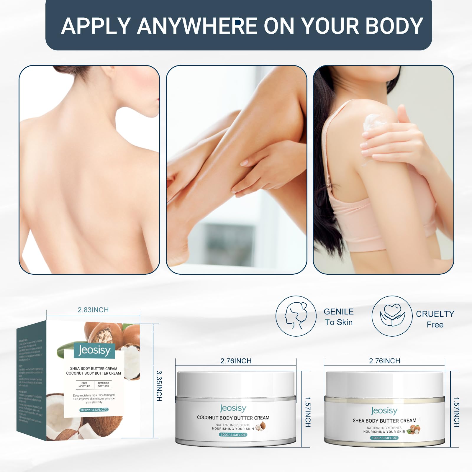 jeosisy Body Butter Set of 2 - Coconut Butter & Shea Butter for Dry Skin, After Sun Hydrating Nourishing Soothe Skincare Coconut Oil Moisturizing Gift for Women Girl Natural Scent,3.53oz*2