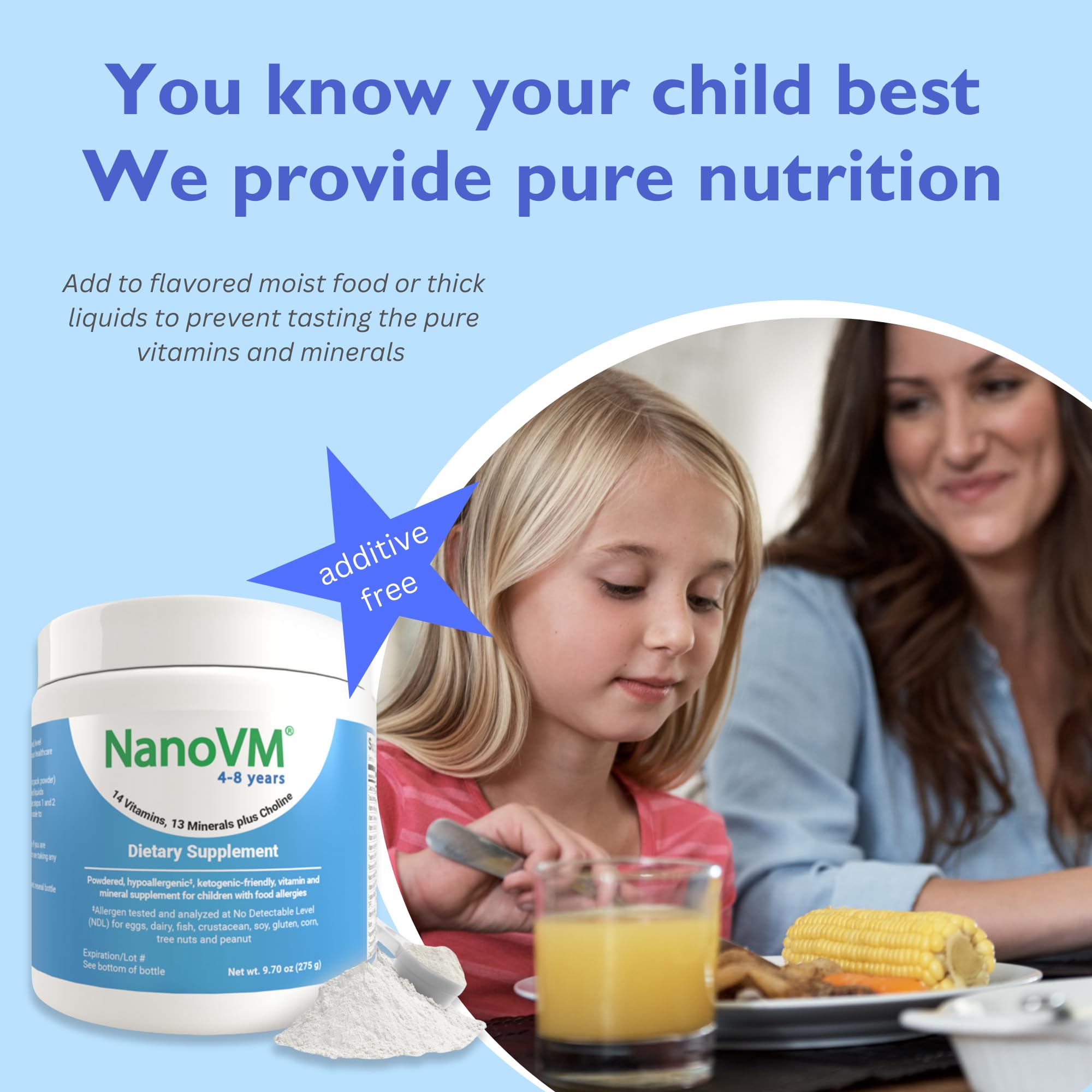 NanoVM 4-8 Years, Allergen-Free Kids Multivitamin, Unflavored Powdered Vitamins, Multivitamin Powder with 14 Vitamins & 13 Minerals, Low-Carbohydrate Vitamin Supplements, 275g - Solace Nutrition