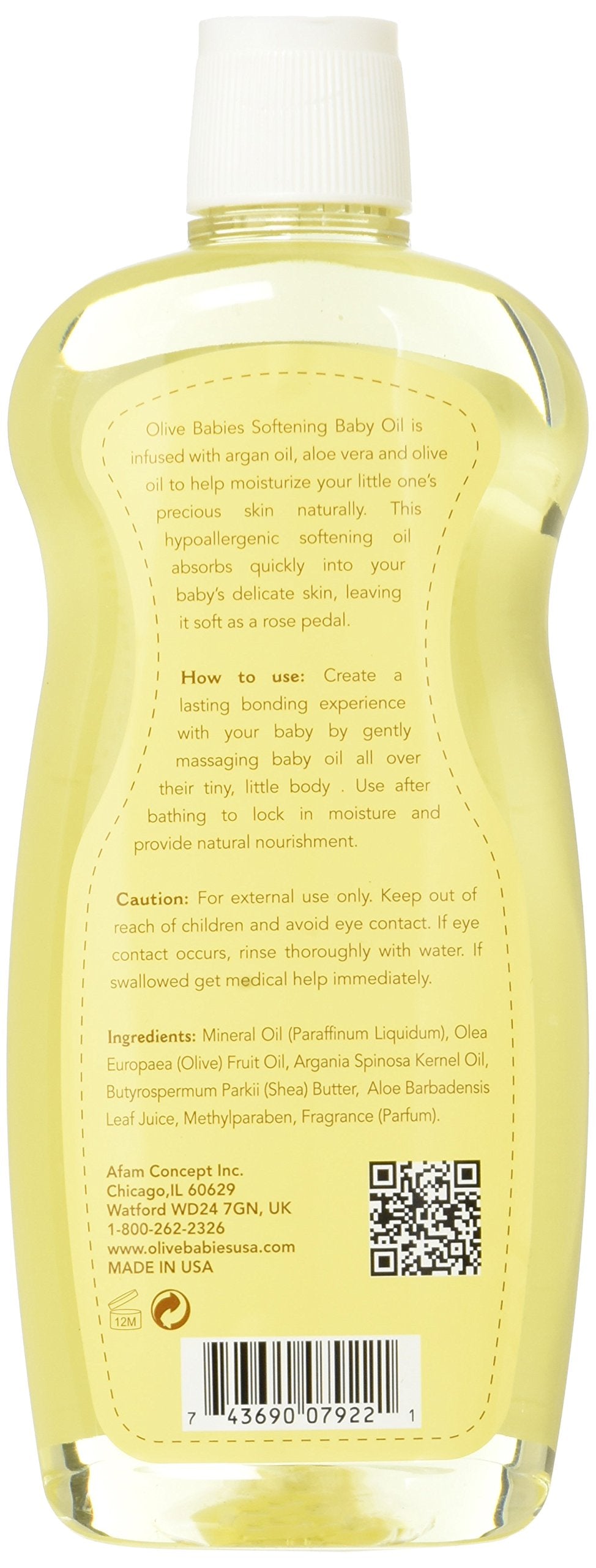 Baby Oil Multi Purpose with Argan Oil, Aloe Vera & Olive Oil 12 oz - Softening Hypoallergenic Solution for All Skin Types - Good on Men, Women & Kids
