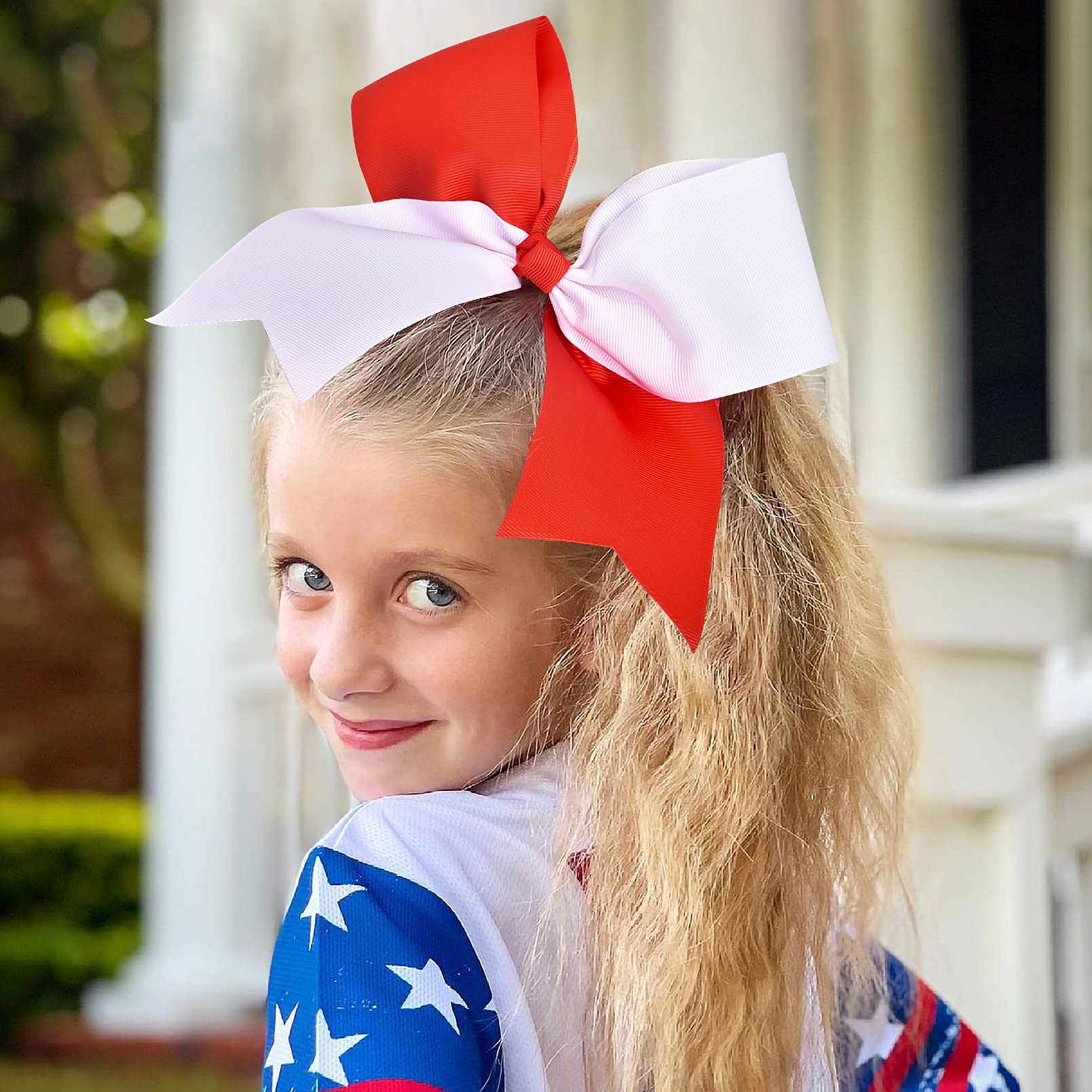 Aileam Red/White(12Pcs) : 12 Pcs Large Cheer Bows 8 Bulk Hair Bow Accessories With Ponytail Holder For Girls High School College Cheerleading
