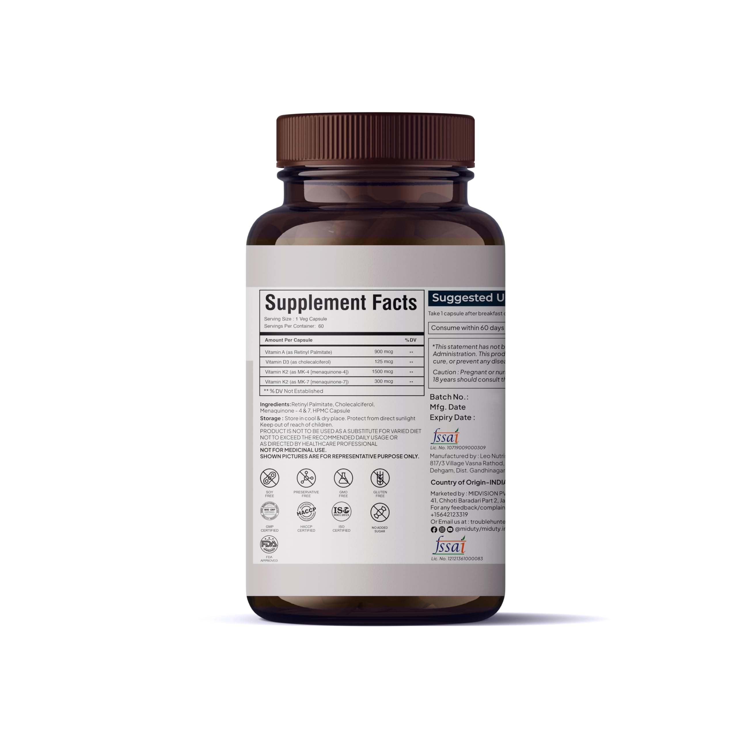 Miduty Vitamin ADK Multivitamin Contains Vitamin A - D3 - K2 Vitamin ADK Supplement for Men and Women - 60 Capsules