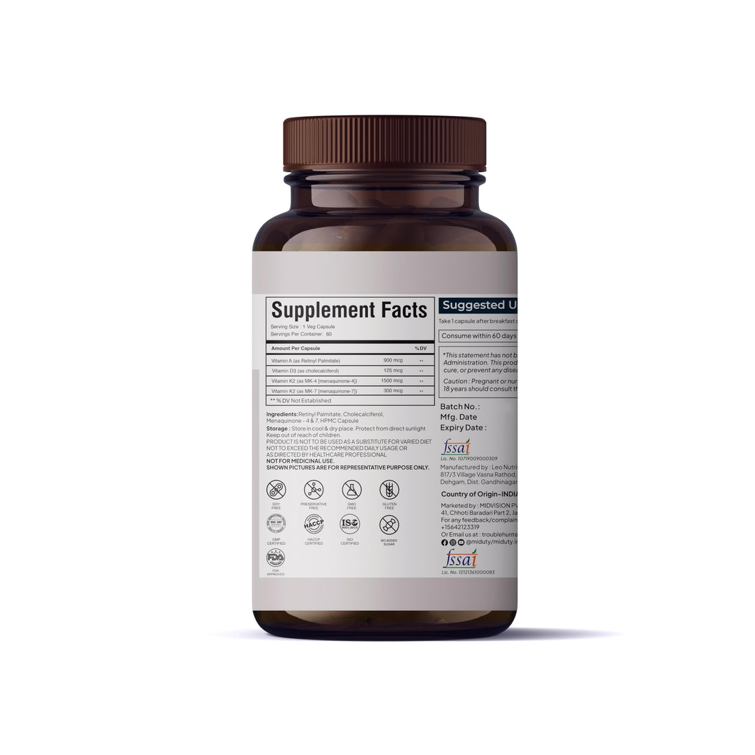 Miduty Vitamin ADK Multivitamin Contains Vitamin A - D3 - K2 Vitamin ADK Supplement for Men and Women - 60 Capsules