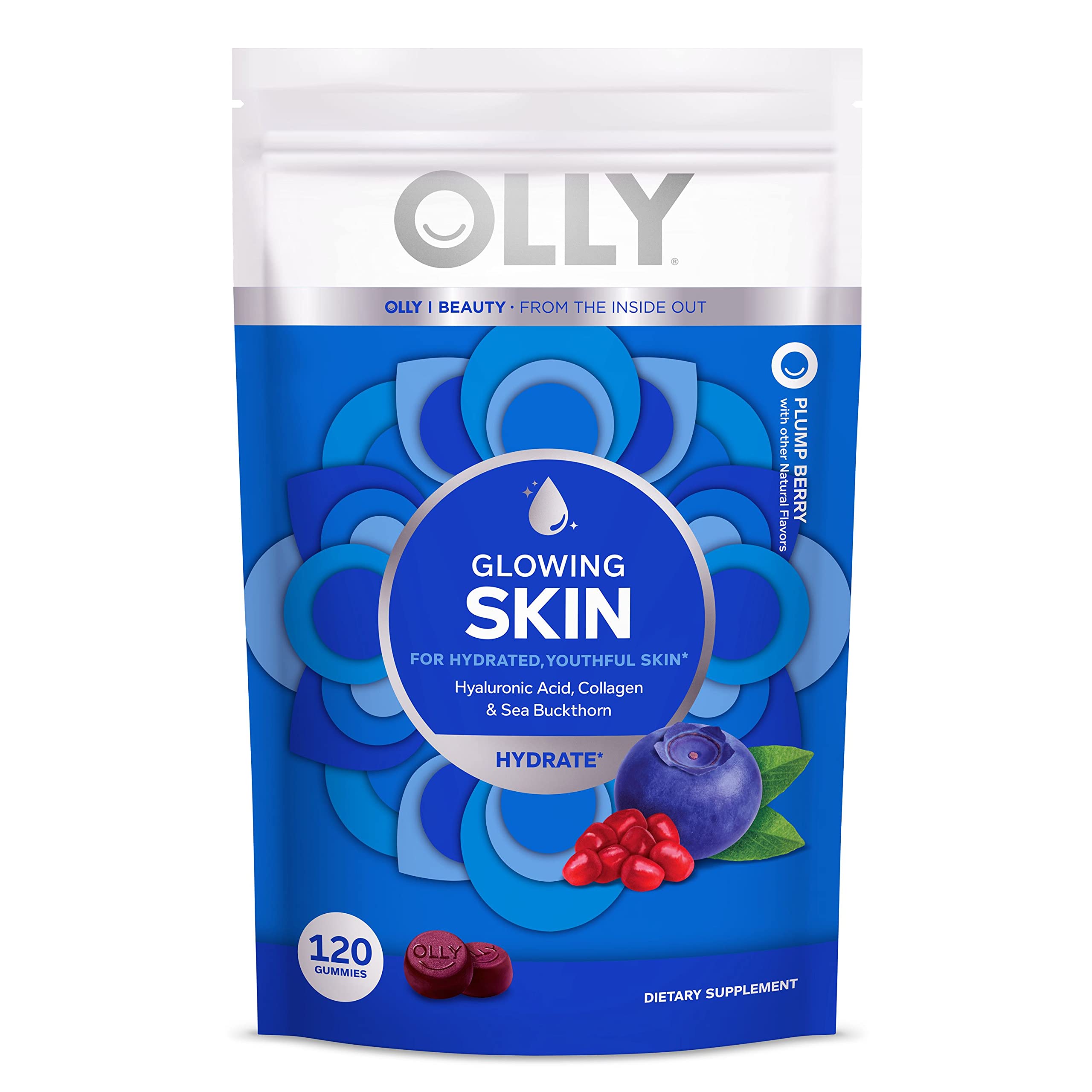 OLLY Glowing Skin Collagen Gummy, Hydrated, Youthful Skin, Hyaluronic Acid, Sea Buckthorn, Chewable Supplement, Berry, 60 Day Supply - 120 Count Pouch (Pack of 6)