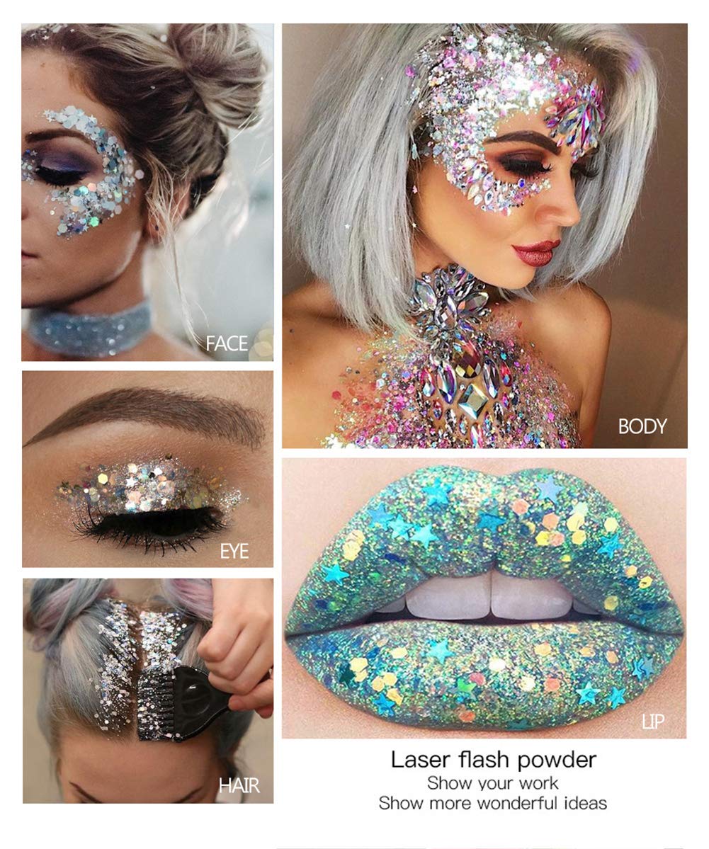 GL-Turelifes Mermaid Sequins Chunky Glitter Liquid Eyeshadow Glitter Body Gel Festival Glitter Cosmetic Face Hair Nails Makeup Long Lasting Sparkling 30g (#09 White)