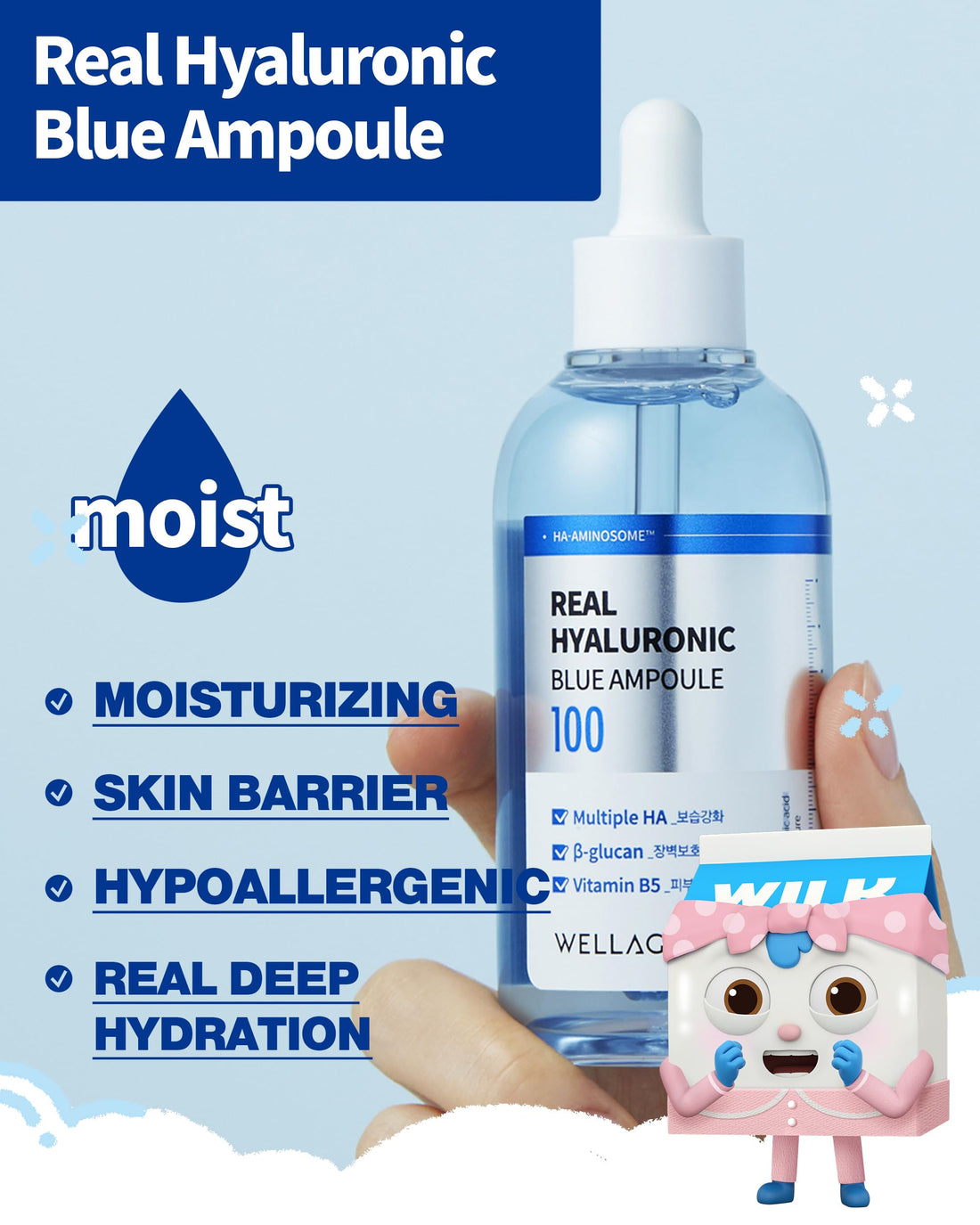 WELLAGE Real Hyaluronic Blue Ampoule Bread Barbershop Special Set, Fragrance Free Hyaluronic Acid Ampoule, Hydrating Non Sticky Serum for Sensitive Dry Skin, 3.38 fl.oz. + 2.54 fl.oz