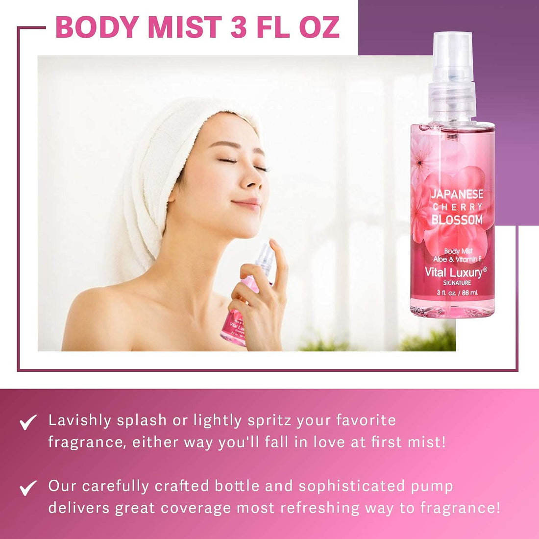 Vital Luxury Bath & Body Care Travel Set - Home Spa Set with Body Lotion, Shower Gel and Fragrance Mist, Personal Body Care Travel Set for Birthday Christmas New Year Gifts(Japanese Cherry Blossom)