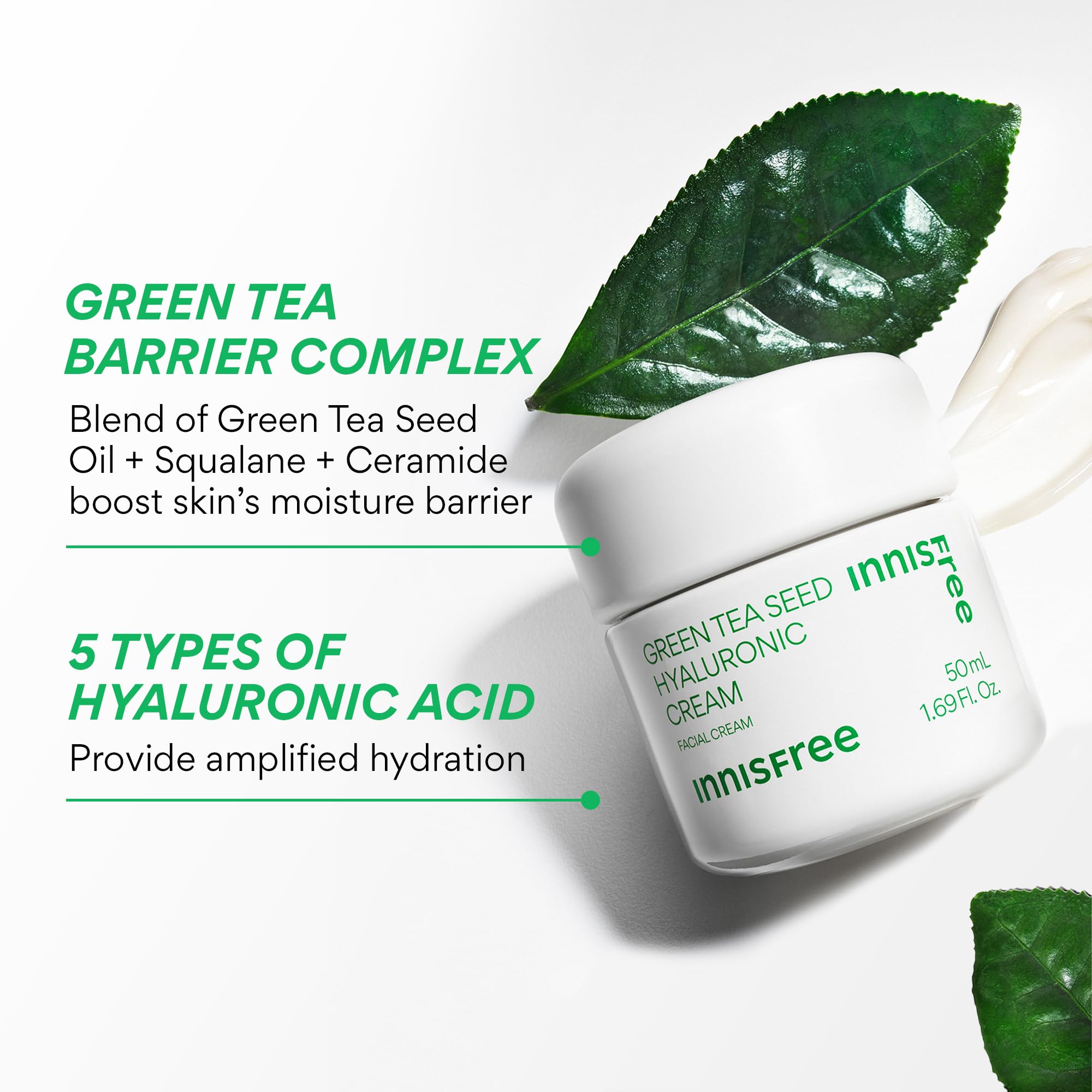 innisfree Green Tea Seed Hyaluronic Acid Cream With Barrier Boosting Complex and Ceramide, Korean Hydrating Face Moisturizer and Balancing Cream