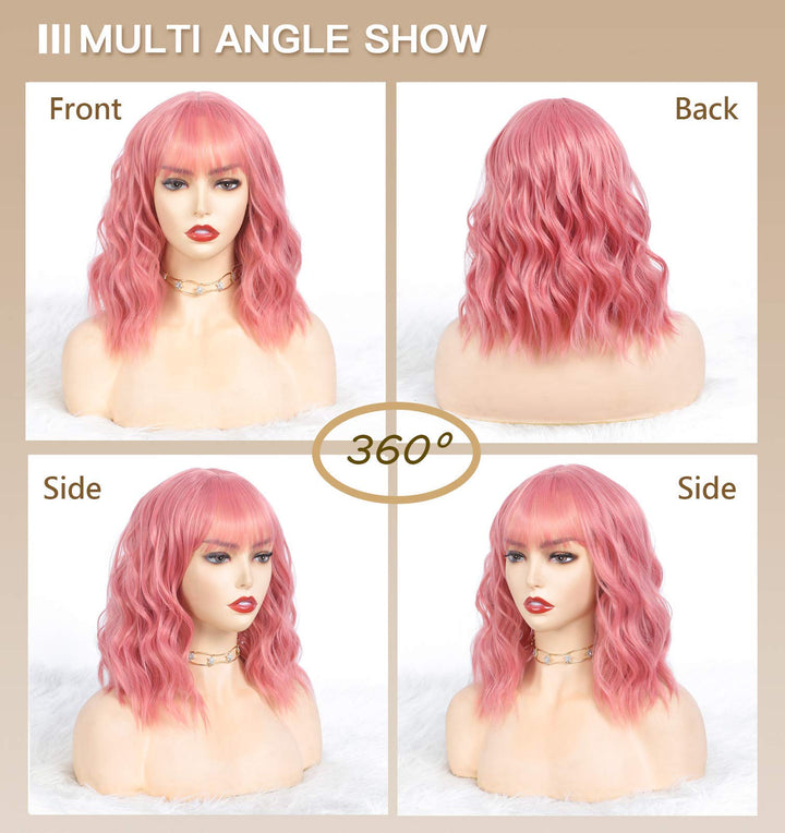 fabc, Short Wigs Pink Wavy for Women Cosplay Wigs, 12 inch Synthetic wig with Adjustment Straps and Comfortable Rose Net Inside,Best Synthetic Heat Resistant Fiber(Pink)