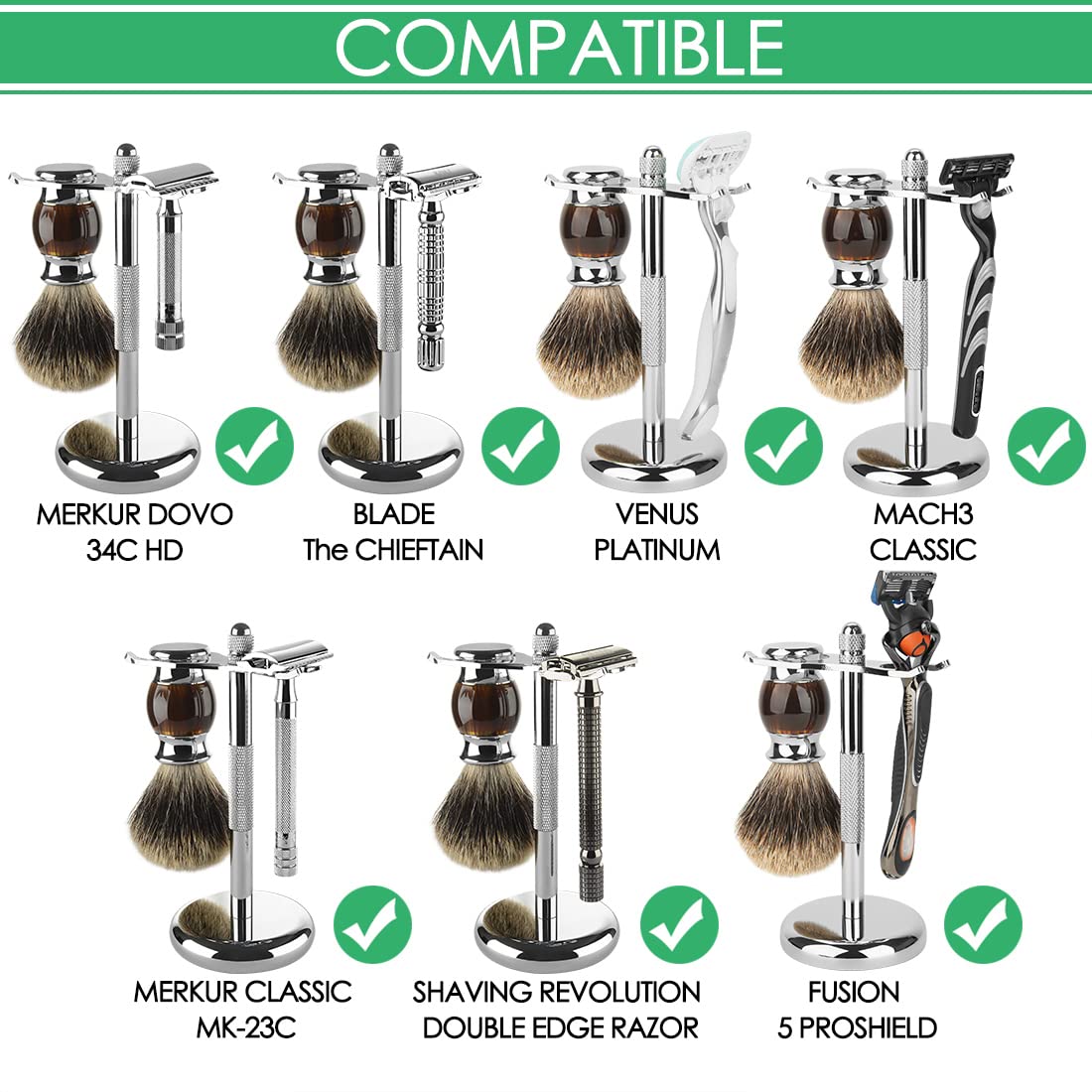 Linkidea Stainless Steel Safety Razor Stand, Brush Shaving Holder, Deluxe Men's Shaving Holder Base, Brush and Razor Holder Stand with Non-slip Base (2 Prong)