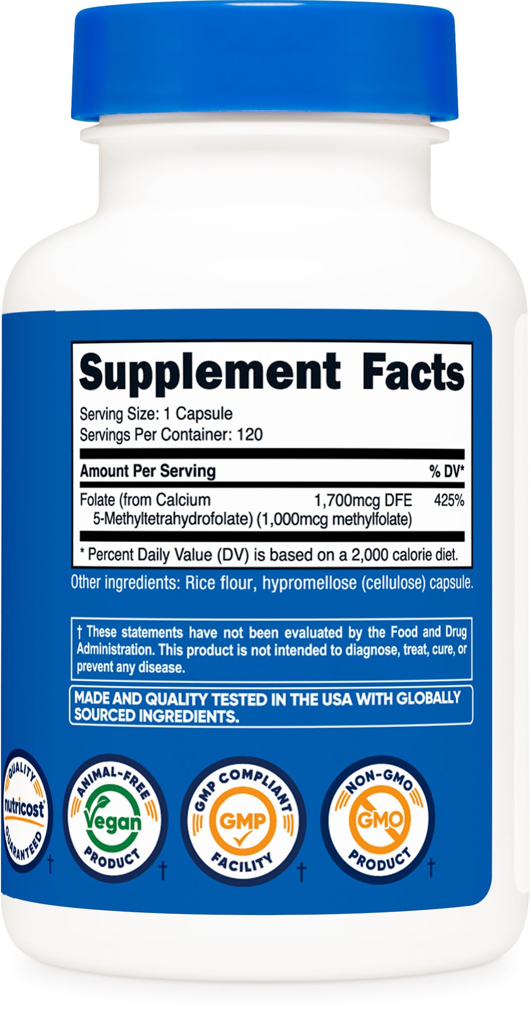 Nutricost Methylfolate 1000mcg, 120 Vegetarian Capsules - Gluten Free, Non-GMO