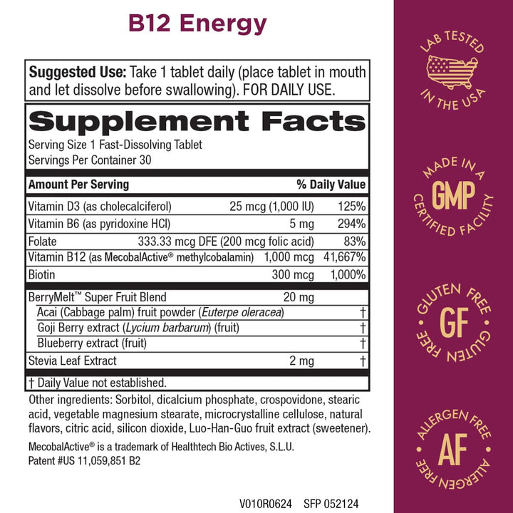 Purity Products B-12 Energy Berry Lemonade Melt w/Super Fruits Methylcobalamin B12 - Vitamins B6, D3, Folic Acid and Biotin - High Absorption MecobalActive B 12-30 Melting Tablets