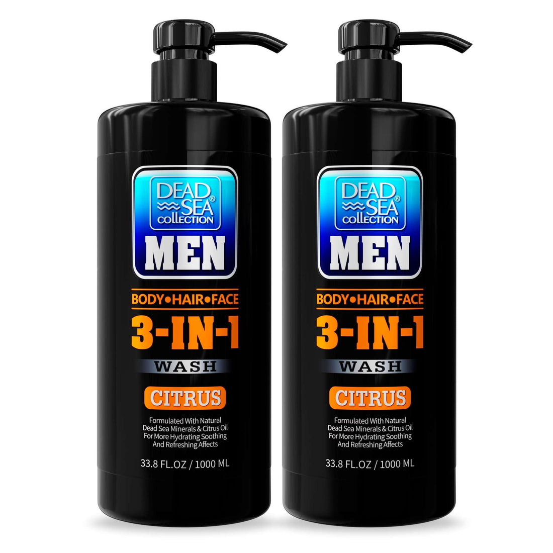 Dead Sea Collection Mens Body Wash 3 in 1 – Citrus Body Wash for Men – Shower Gel – Shampoo – Shower Soap for Face and Hair – Pack of 2 Bottles (33.8 Fl. Oz. Each)