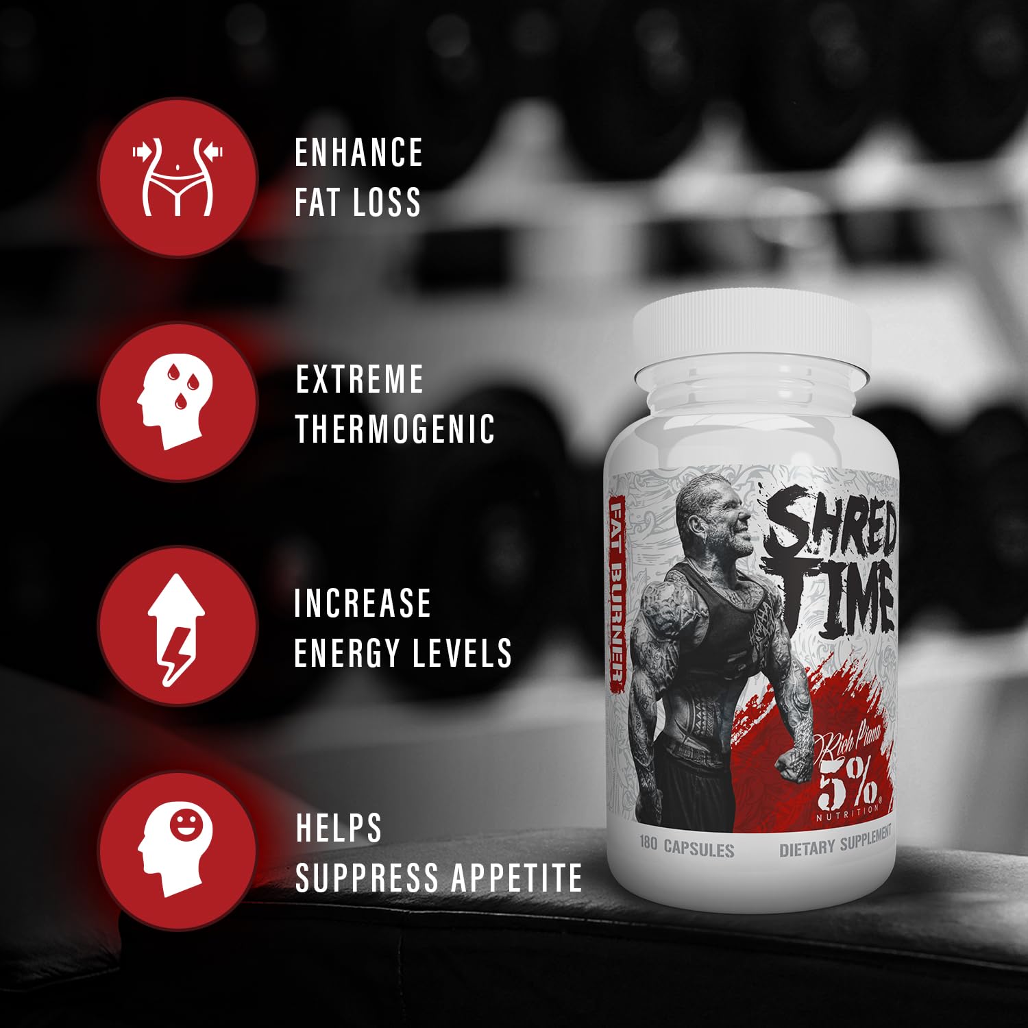 5% Nutrition Shred Time Fat Burner | Green Tea, Coffee Bean, Cayenne, Theobromine, GBB | Appetite Suppression | 30 Servings (180 Capsules)