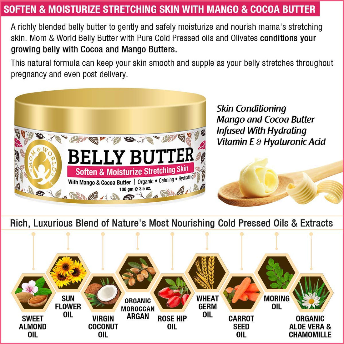 Mom & World Belly Butter - Body Butter with Mango & Cocoa Butter, 100gm - For Stretch Marks Tummy Butter