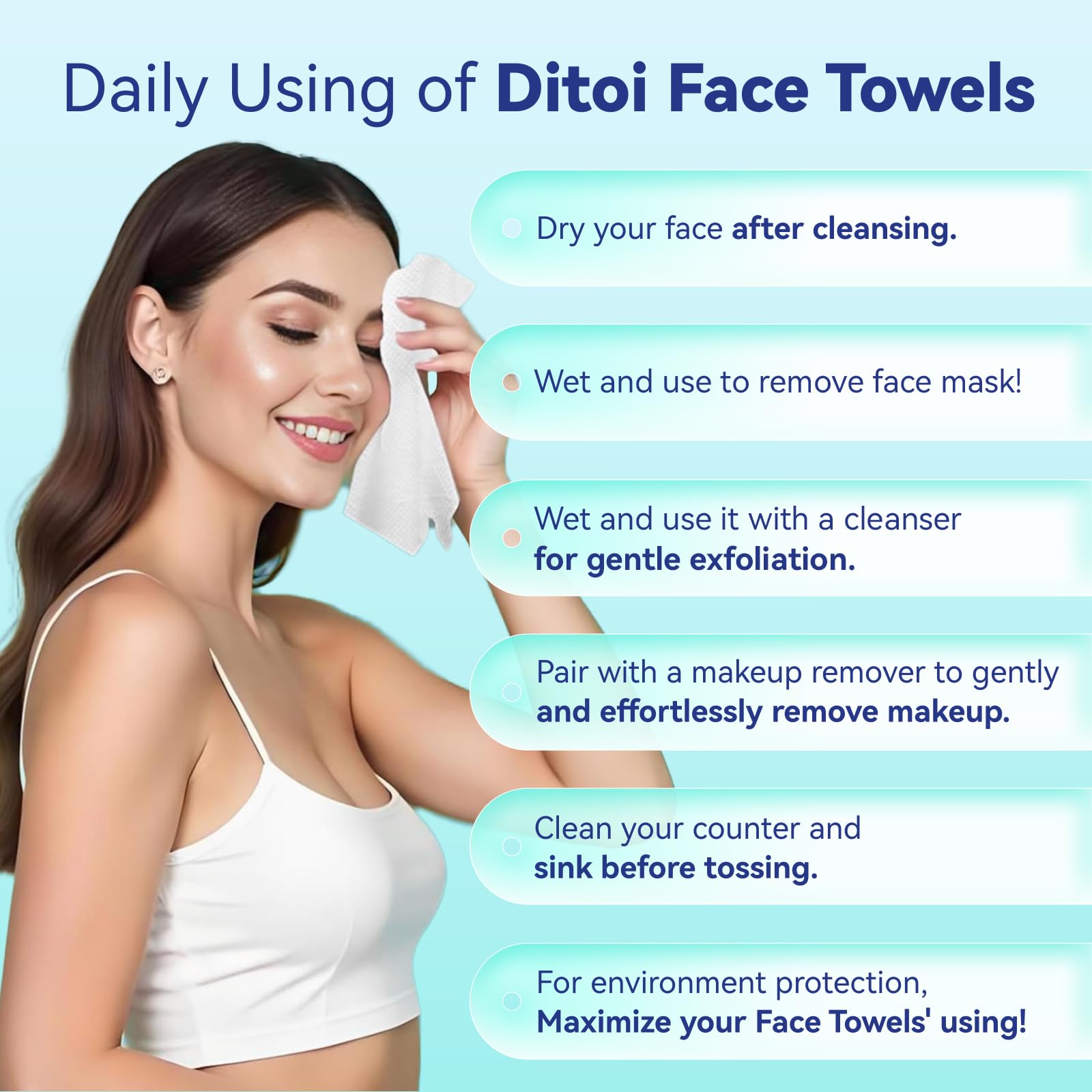 Ditoi Disposable Face Towels,Ultra Thick Face Towelettes XL, Lint-Free Facial Wipes for Makeup Removal,10×12, 300 Count (6 Pack),Pearl-textured