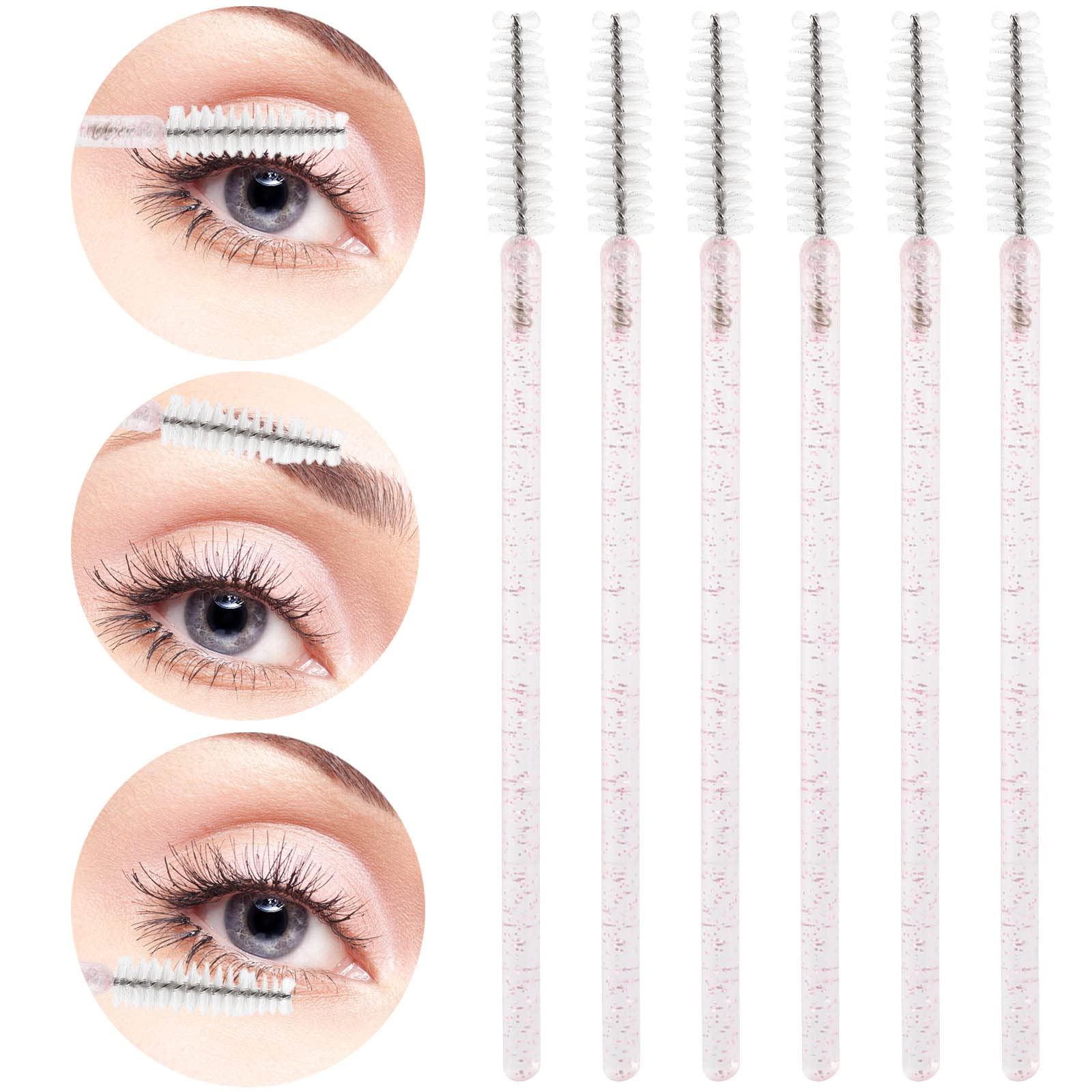 Tbestmax 300 Pcs Disposable Spoolies, Mascara Wand Eyelashes Brushes Applicator for Eyebrow Eye Lash Extension Pink Stick White Head