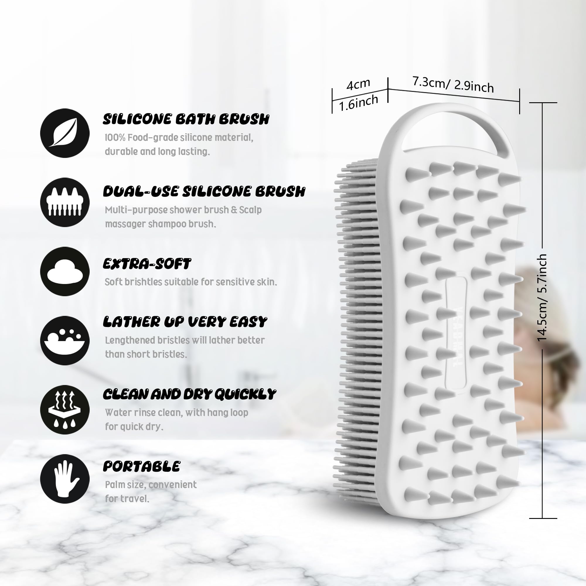 YEADMAL Dual-use Silicone Body Scrubber with Scalp Massage Shampoo Brush Exfoliating Bath Body Brush Gentle Silicone Shower Scrubber for Men/Women/Baby Skin Cleansing, 1 Pack (Gray)