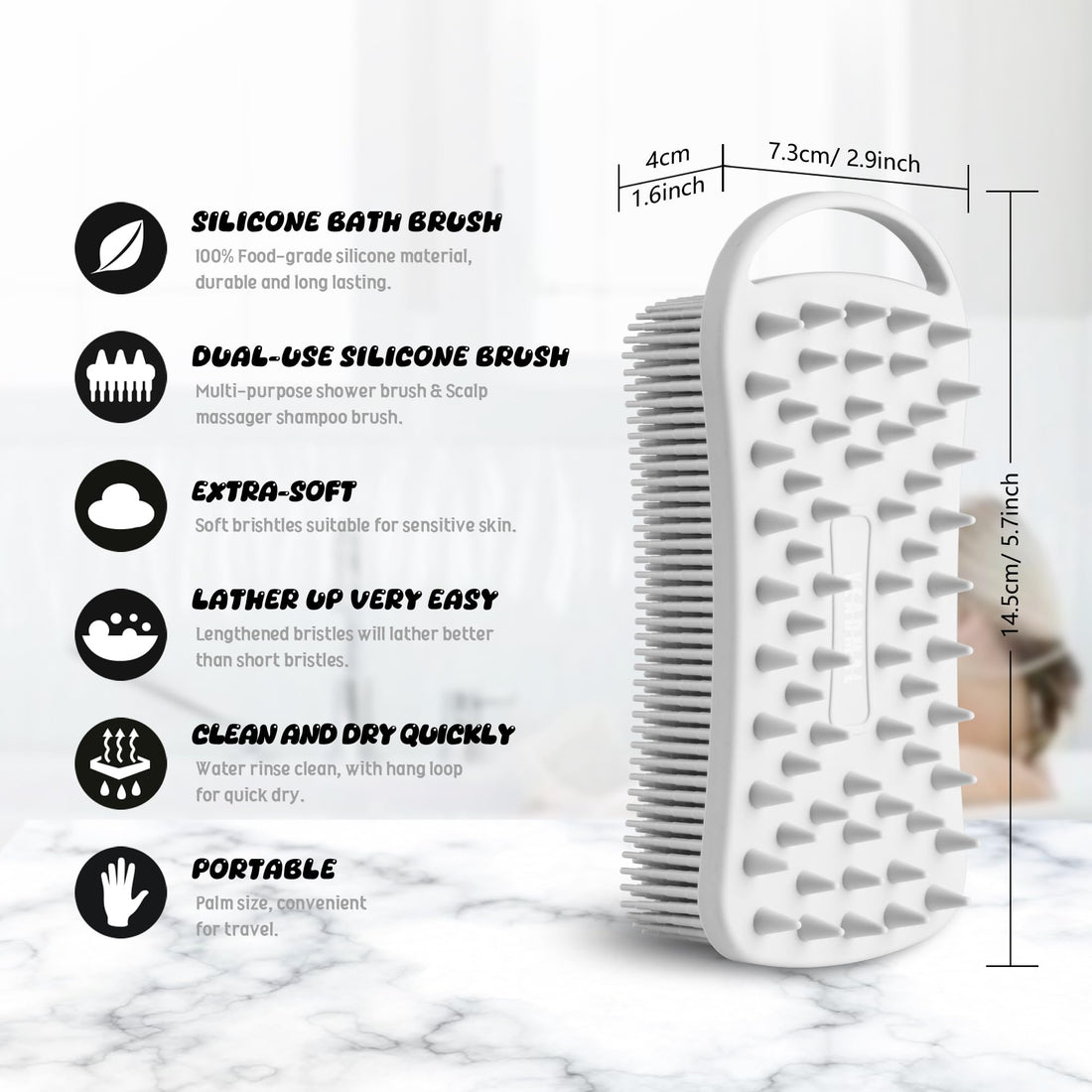 YEADMAL Dual-use Silicone Body Scrubber with Scalp Massage Shampoo Brush Exfoliating Bath Body Brush Gentle Silicone Shower Scrubber for Men/Women/Baby Skin Cleansing, 1 Pack (Gray)