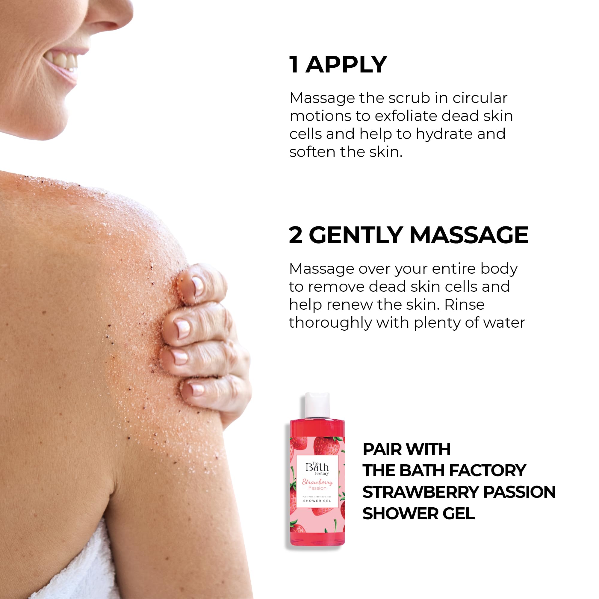 THE BATH FACTORY Body Scrub for Exfoliating with Moisturizing Shea Butter | 100% Vegan | Natural Strawberry Extract | Perfect Exfoliator for All Body Parts such as Face, Foot, Hand