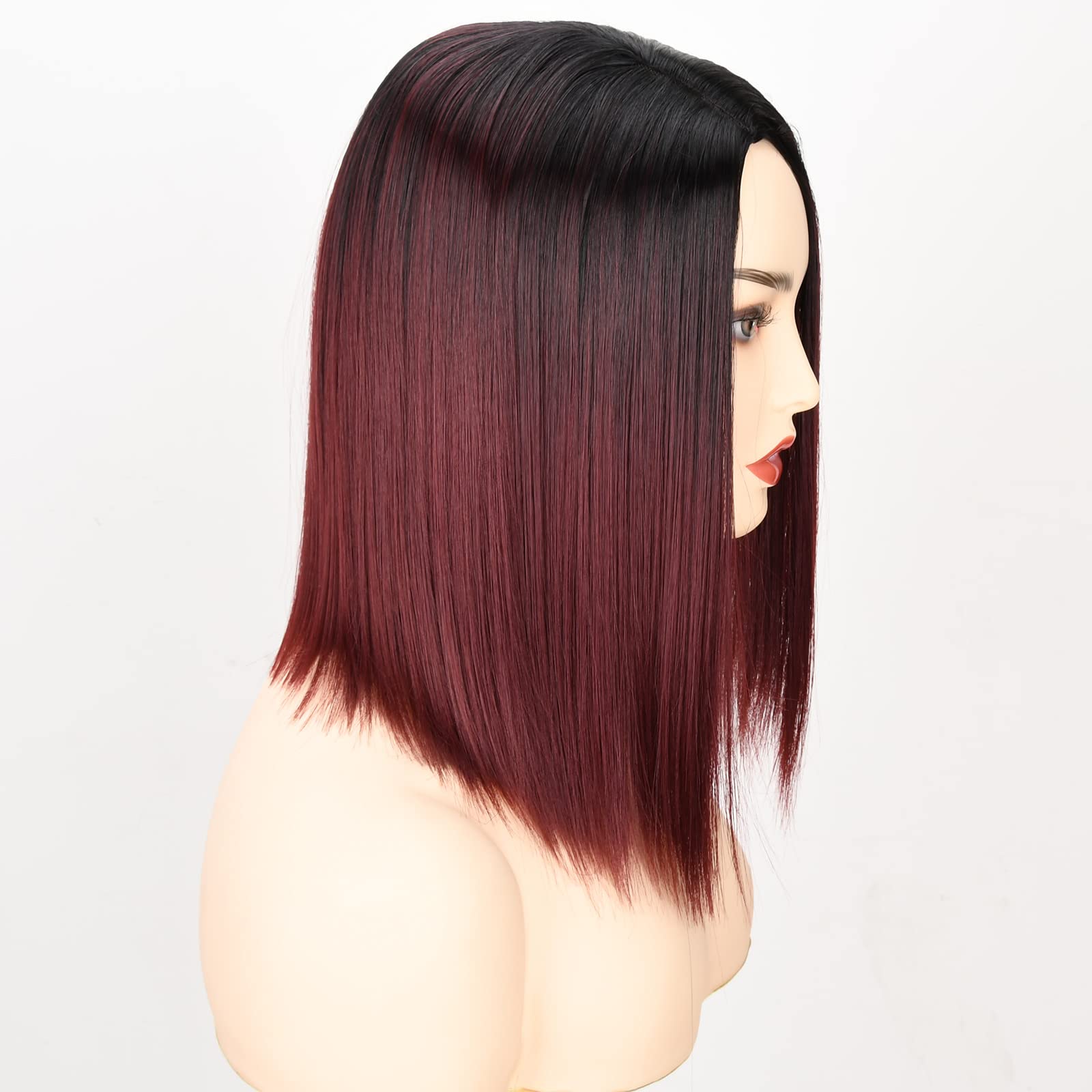 #1B/99J: Ahairbeauty Red Ombre Short Bob Straight Synthetic None Lace Hair Wigs Dark Roots Left Part For Women Black & Burgundy(#1B/99J)