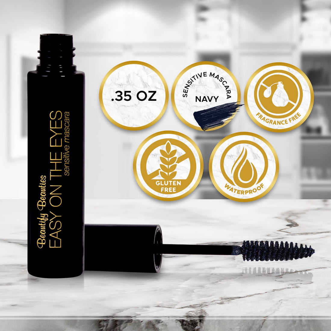 Navy: EASY ON THE EYES Sensitive Eye Mascara, Navy (0.35 oz) By Beautify Beauties. Gives You Natural Looking Lashes. Non irritating, Great for Sensitive Eyes, Fragrance-free