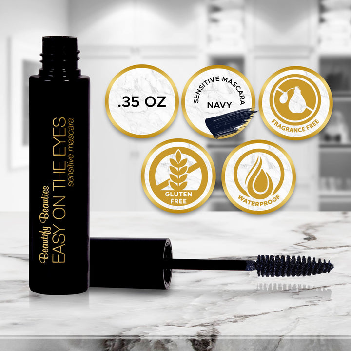 Navy: EASY ON THE EYES Sensitive Eye Mascara, Navy (0.35 oz) By Beautify Beauties. Gives You Natural Looking Lashes. Non irritating, Great for Sensitive Eyes, Fragrance-free