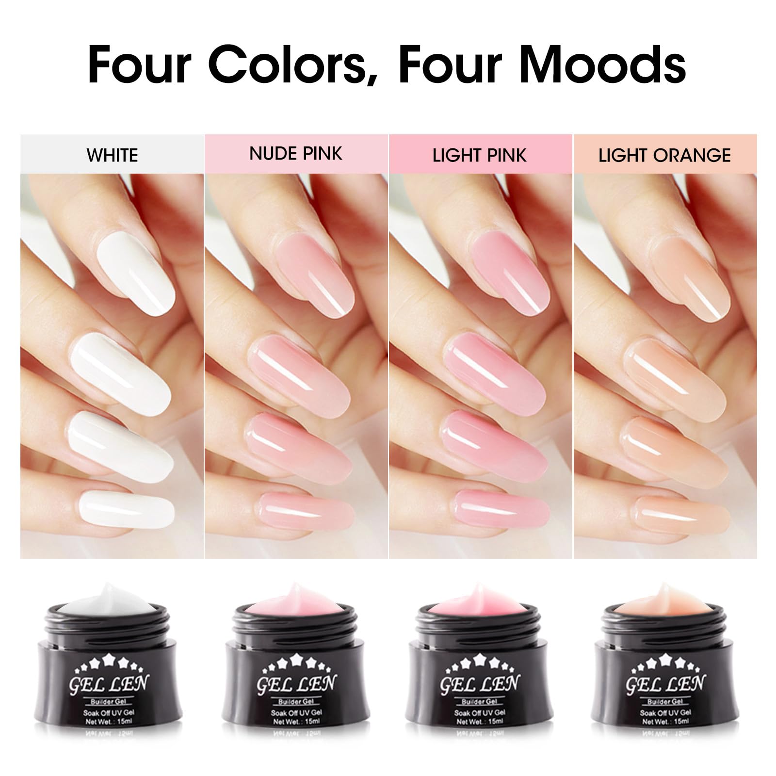 Gellen New Soak Off UV Builder Gel Set, (15ml, 4 Colors)