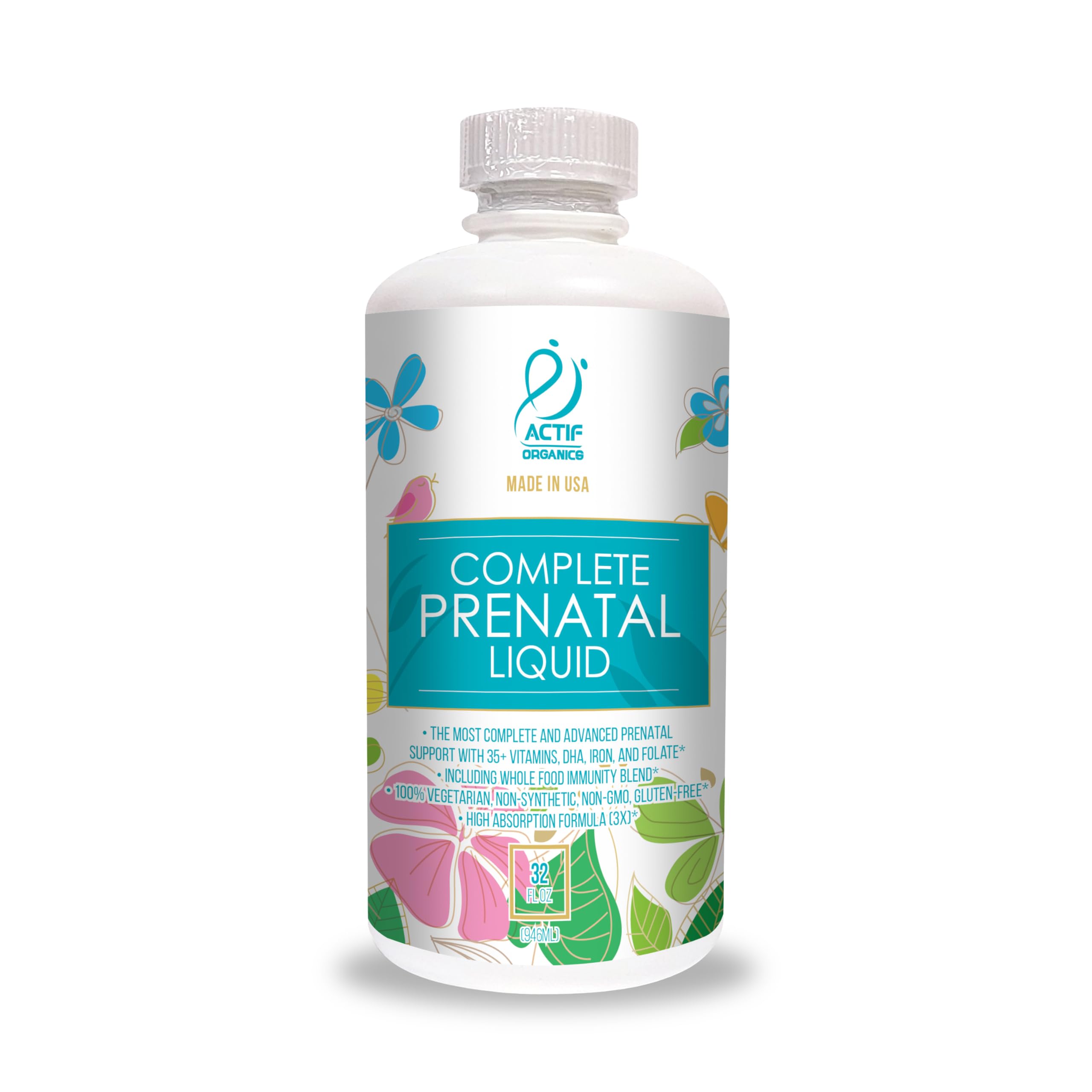 ACTIF Organic Complete Prenatal Liquid with 35+ Vitamins and Organic Herbs, with DHA and Choline, Non-GMO, Made in USA, 32oz