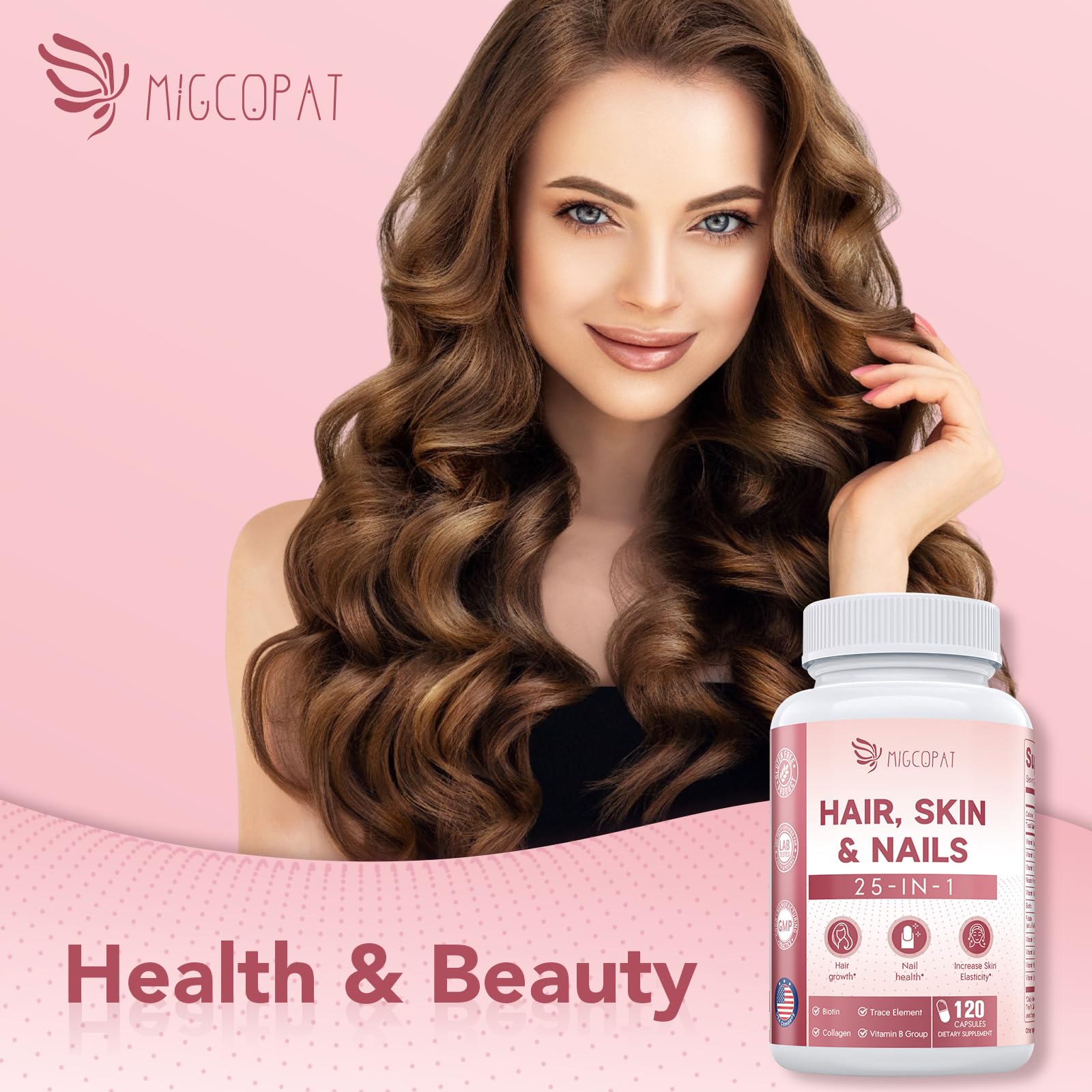 Migcopat Hair, Skin & Nails Supplement - 25-in-1 Formula with Biotin 10,000mcg, Collagen, Vitamins & Minerals - Supports Hair, Skin, and Nail Health for Women & Men - 120 Capsules